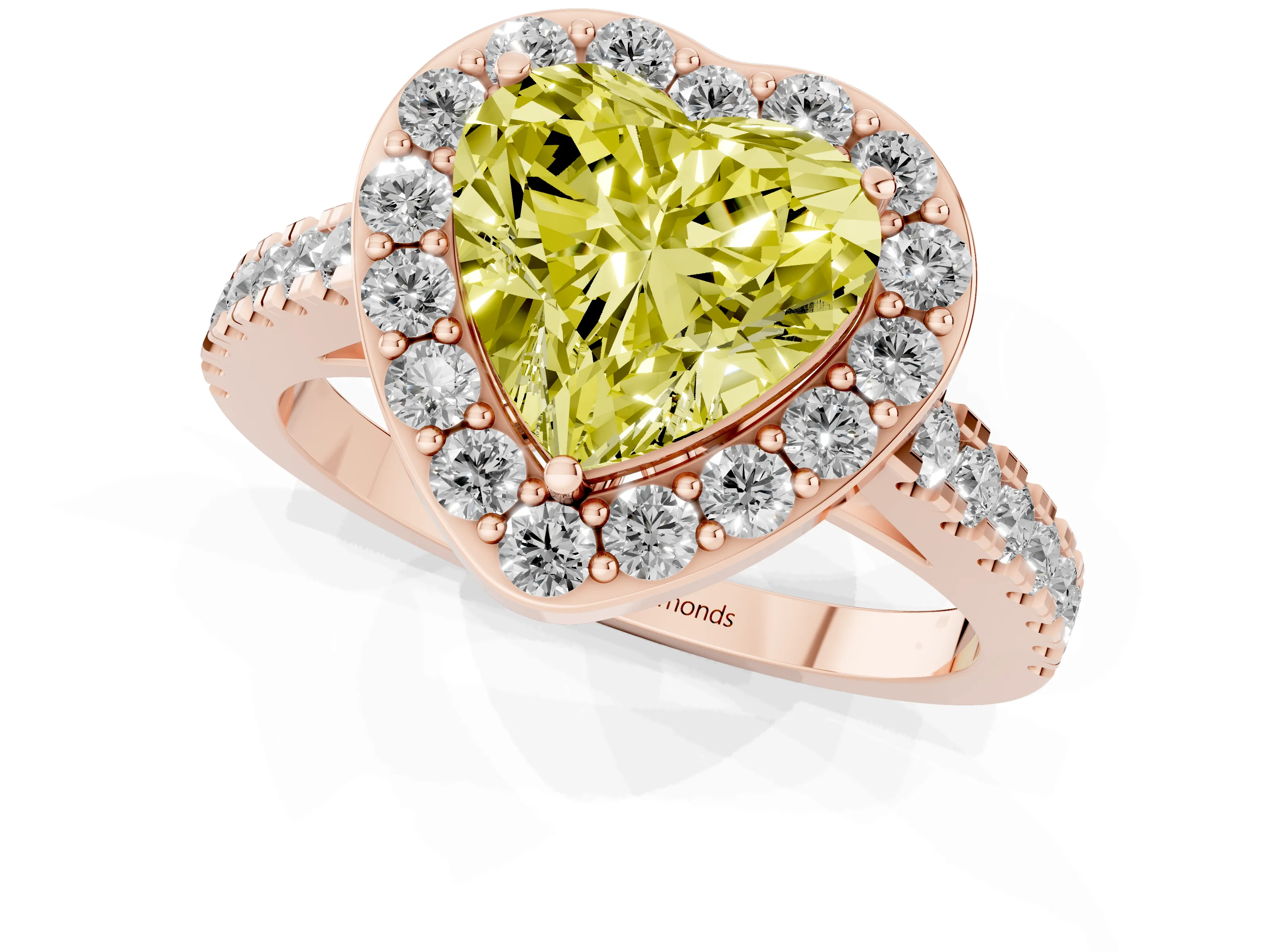 Fancy Yellow Heart Cut Diamond Halo Ring Set in Rose gold with Round Pavé Split Shank and Prong Setting