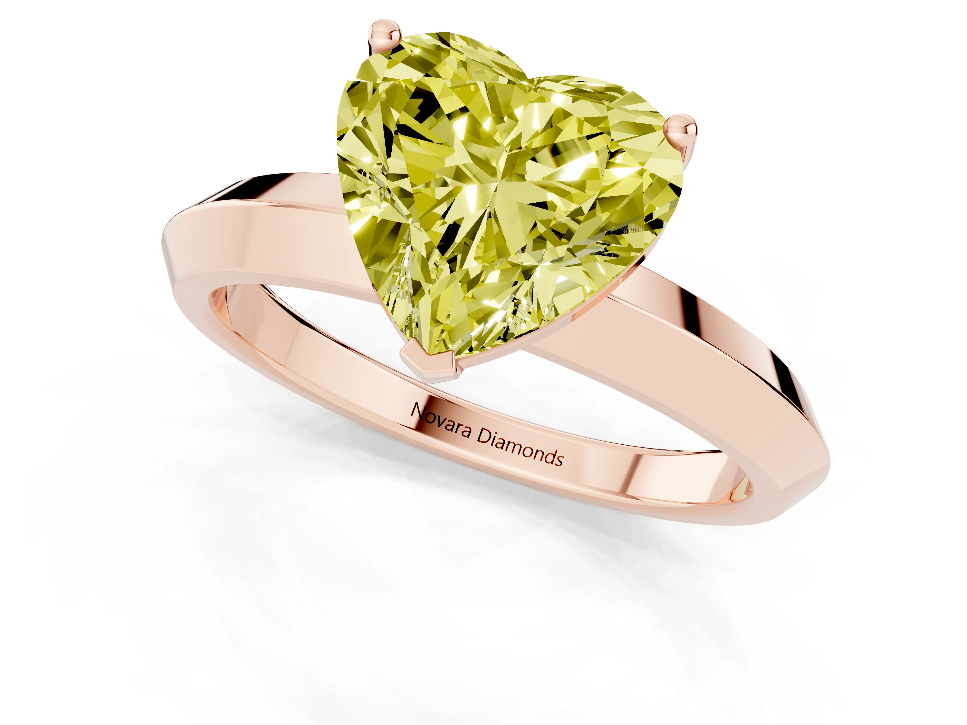 Fancy Yellow Heart Cut Diamond Solitaire Engagement Ring Set in Rose gold with Flat Band and Prong Setting