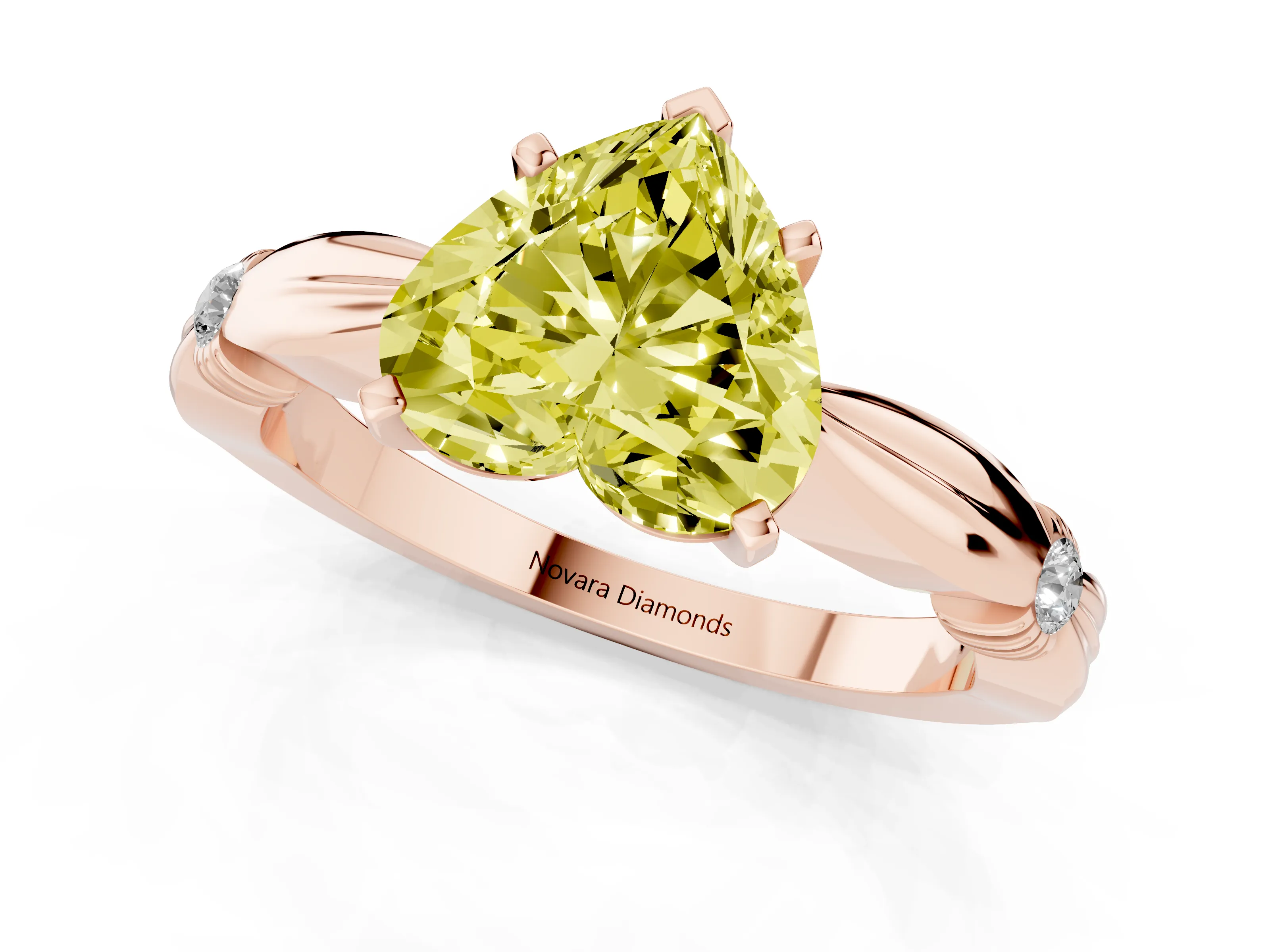 Fancy Yellow Heart Cut Diamond Solitaire Twisted Band Ring Set in Rose gold with Accent Stones and Prong Setting – second view