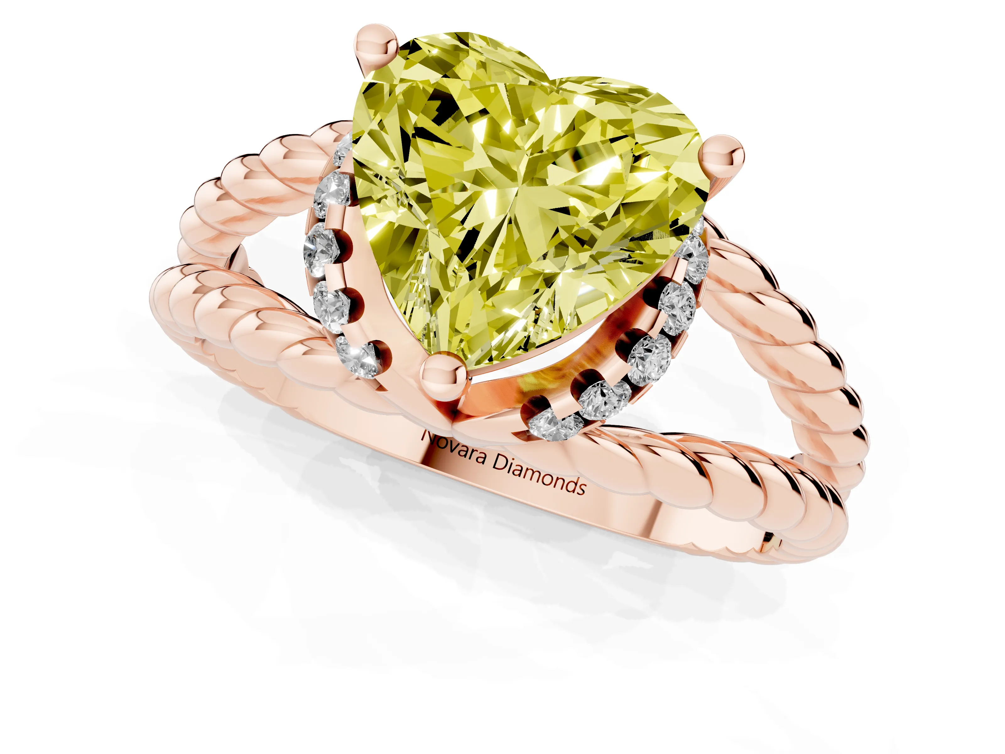 Fancy Yellow Heart Cut Diamond Halo Ring Set in Rose gold with Twisted Band and Prong Setting