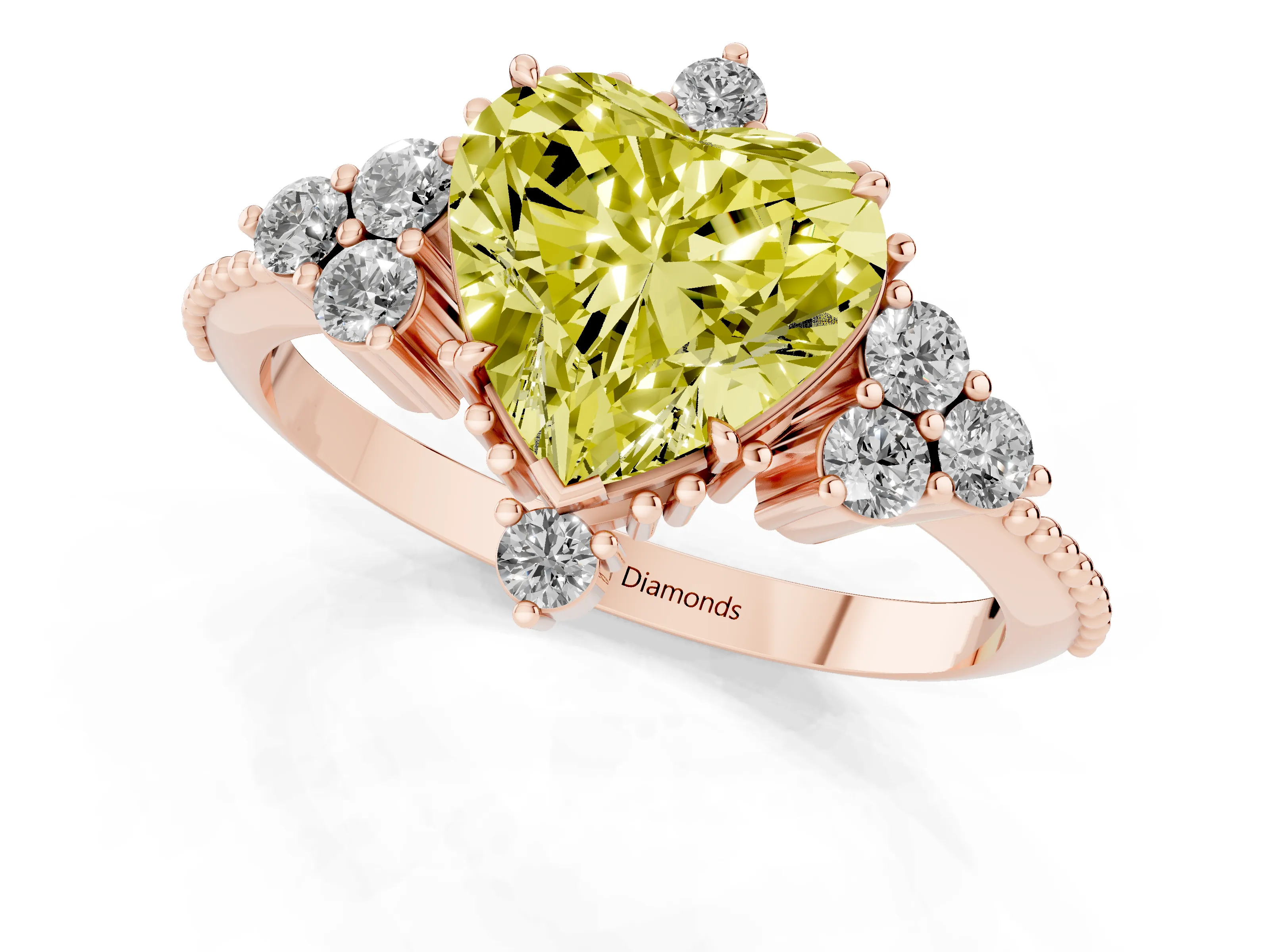 Fancy Yellow Heart Cut Diamond Cluster Ring Set in Rose gold with Beaded Band