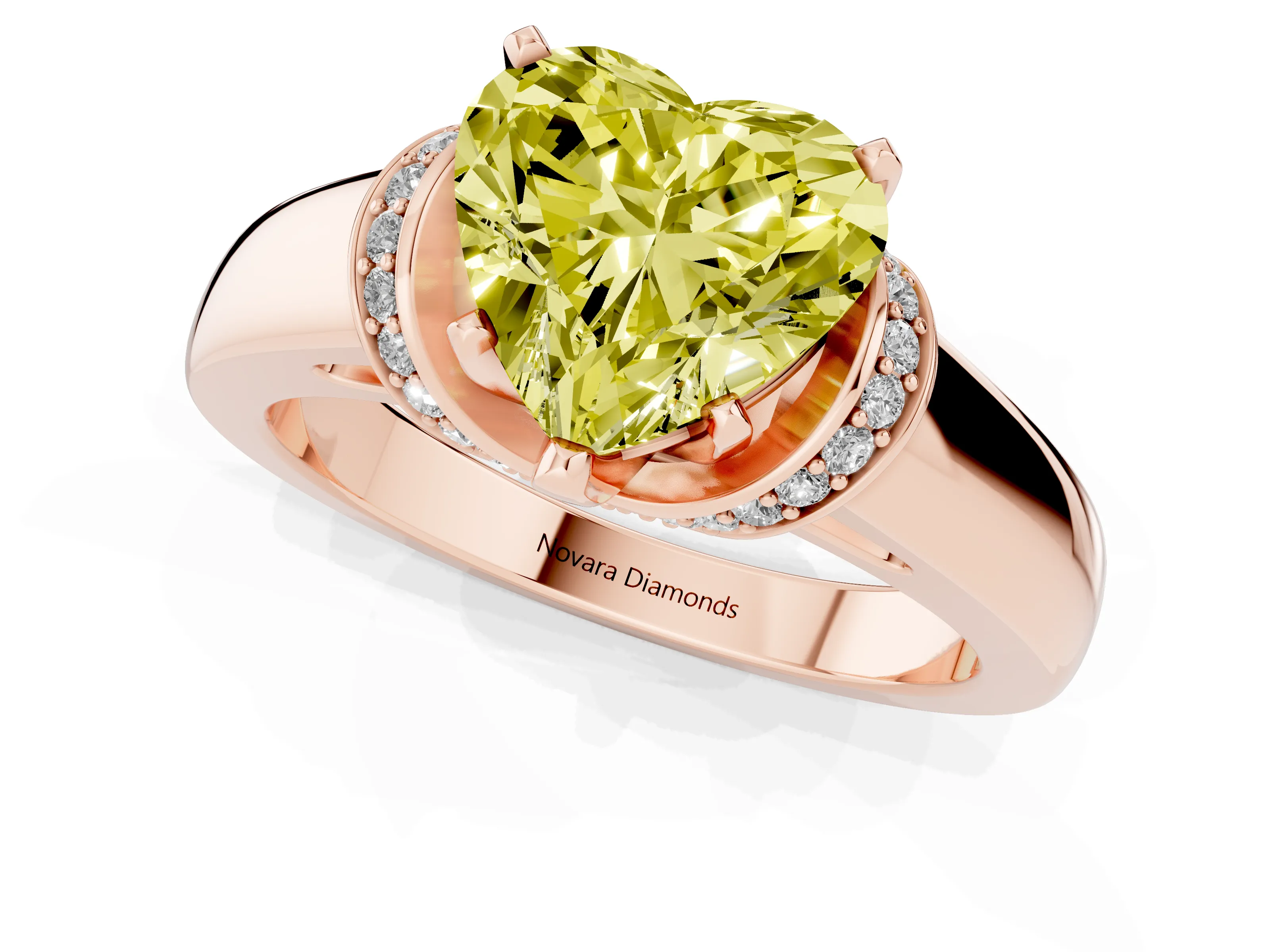 Fancy Yellow Heart Cut Diamond Pavé Band Solitaire Ring Set in Rose gold with Prong Setting
