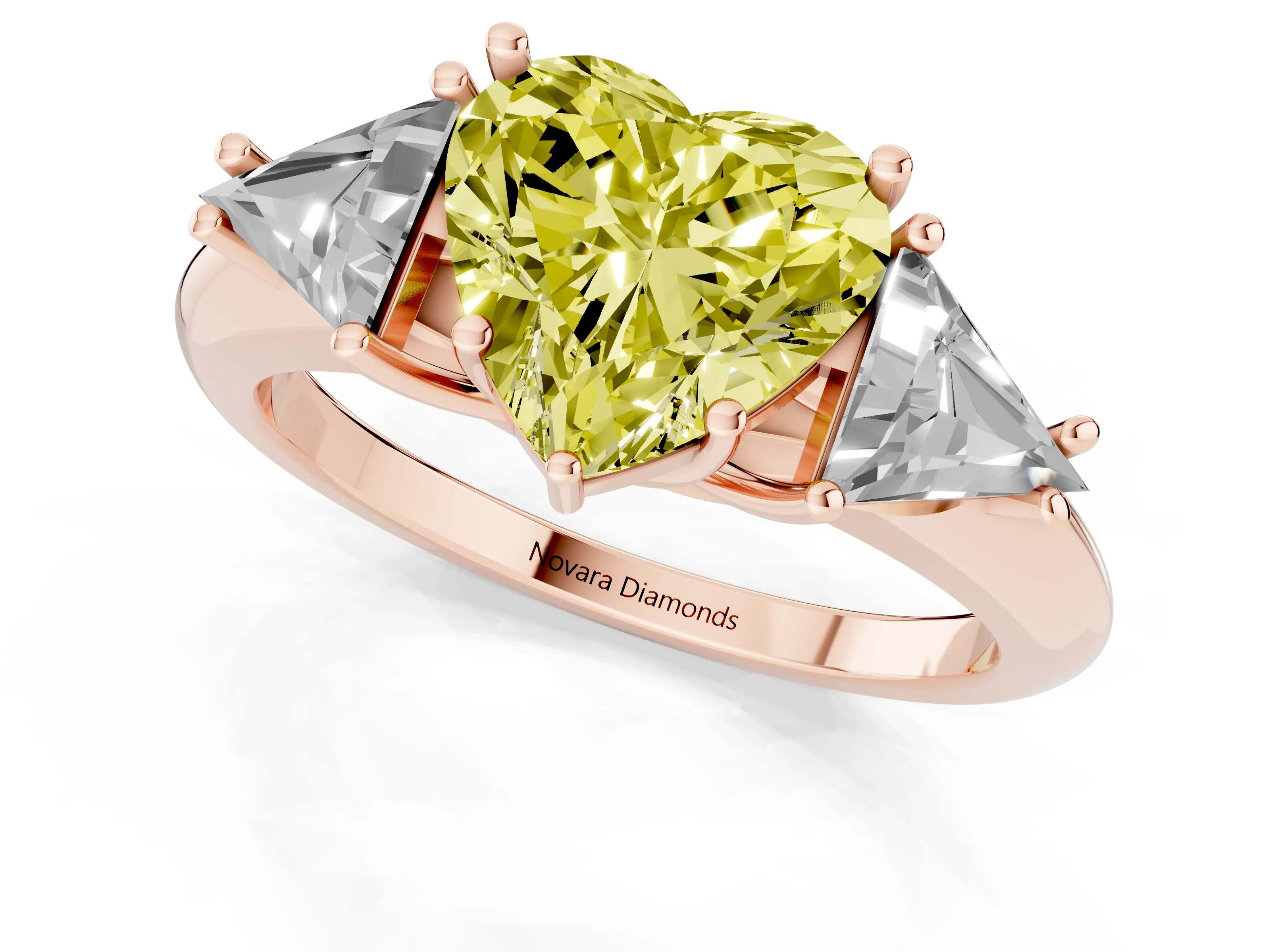 Fancy Yellow Heart Cut Diamond Three-Stone Engagement Ring Set in Rose gold with Trillion Side Stones