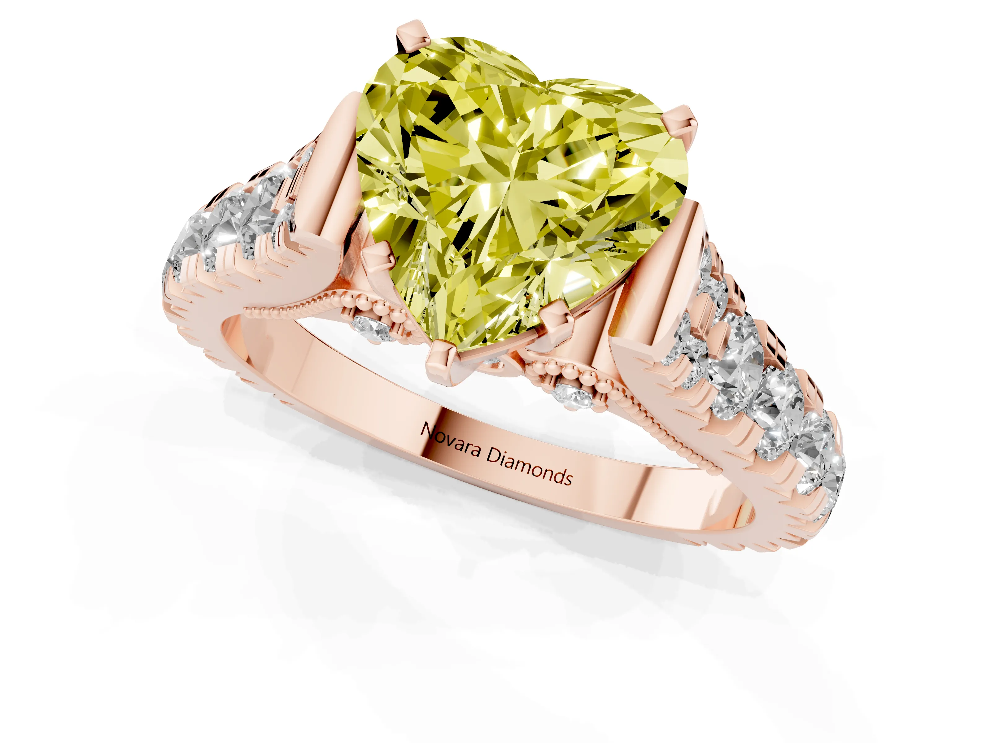 Fancy Yellow Heart Cut Diamond Classic Solitaire Ring Set in Rose gold with Pavé Band and Prong Setting