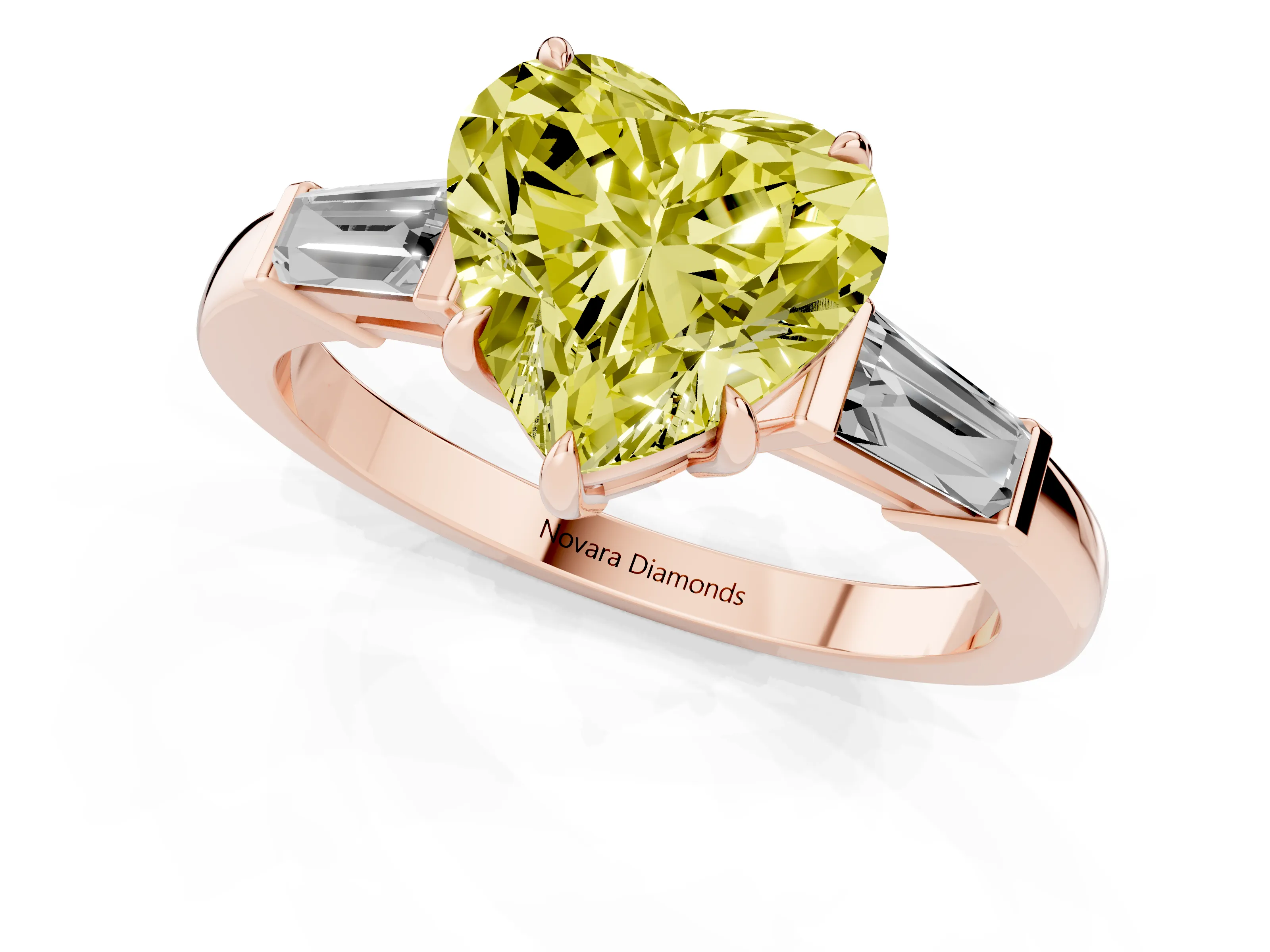 Fancy Yellow Heart Cut Diamond Three-Stone Ring Set in Rose gold with Tapered Baguette Side Stones and Prong Setting