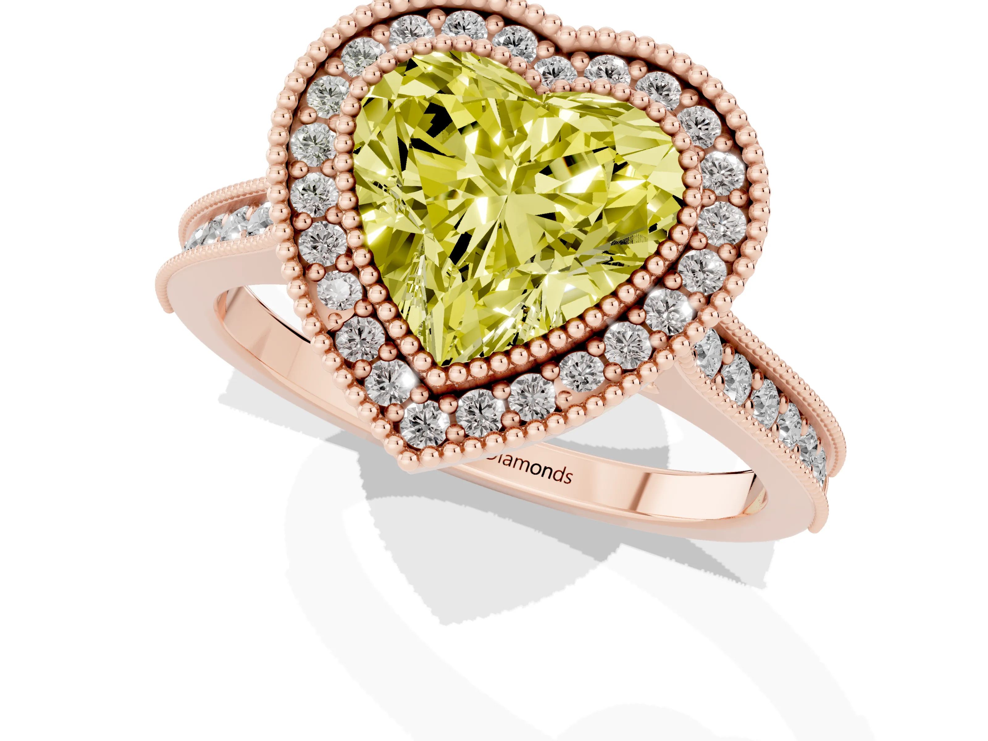 Fancy Yellow Heart Cut Diamond Halo Milgrain Pavé Band Ring Set in Rose gold with Prong Setting