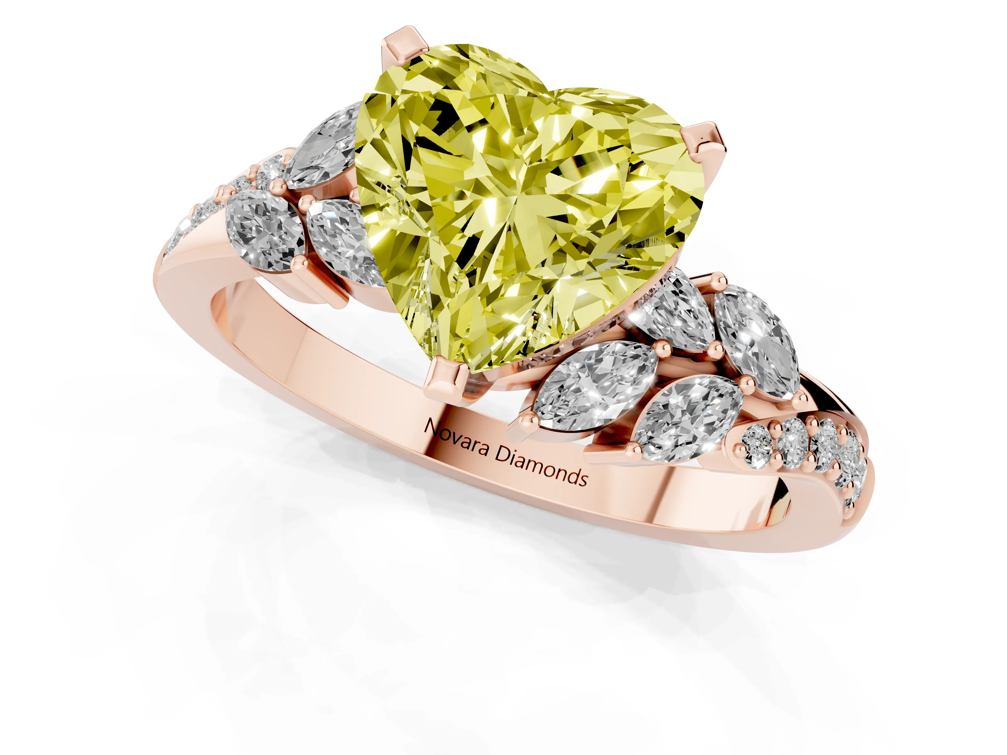 Fancy Yellow Heart Cut Diamond Solitaire Ring Set in Rose gold with Marquise Twist Band and Prong Setting