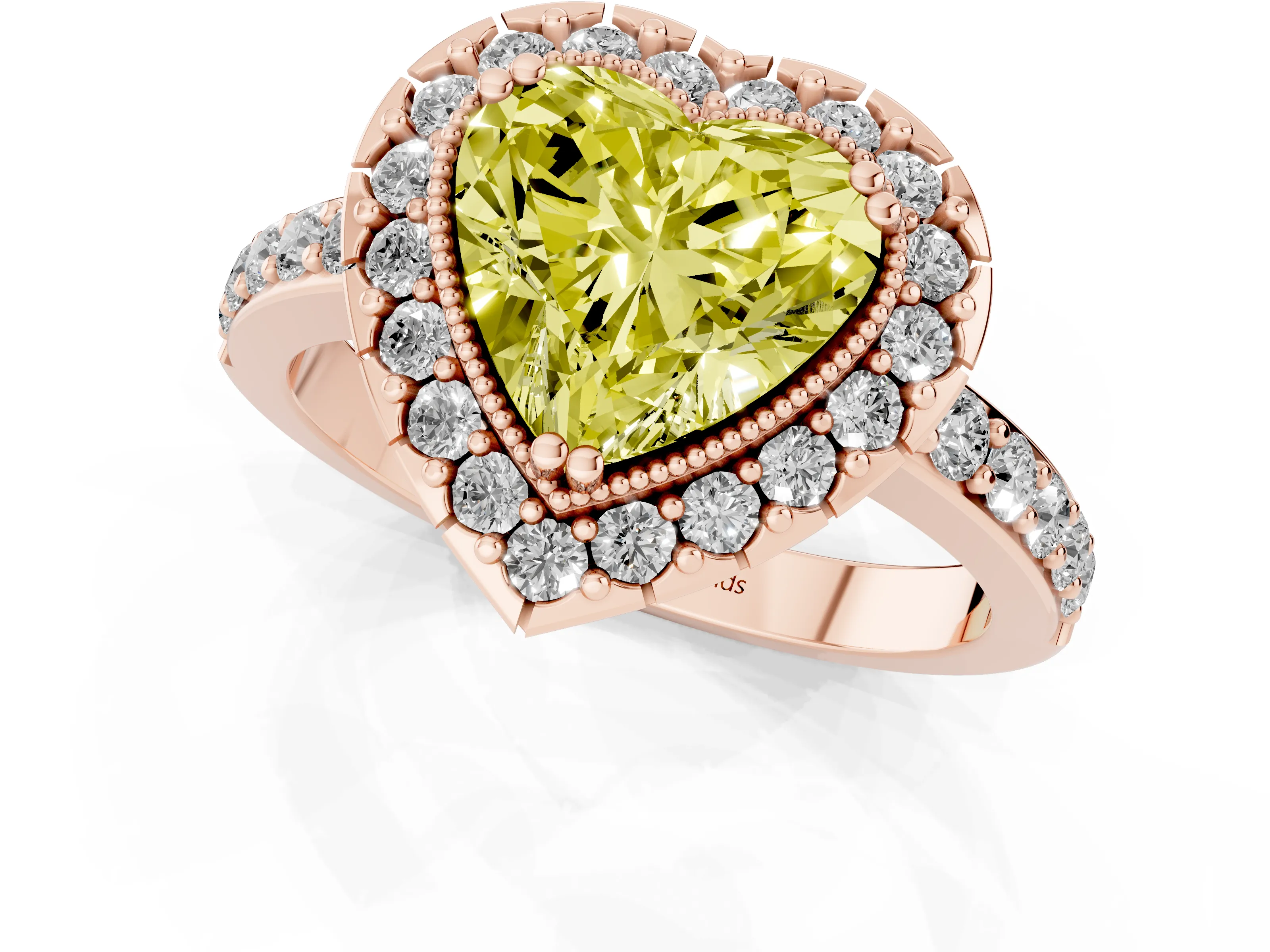 Fancy Yellow Heart Cut Diamond Halo Ring Set in Rose gold with Pavé Shank and Prong Setting