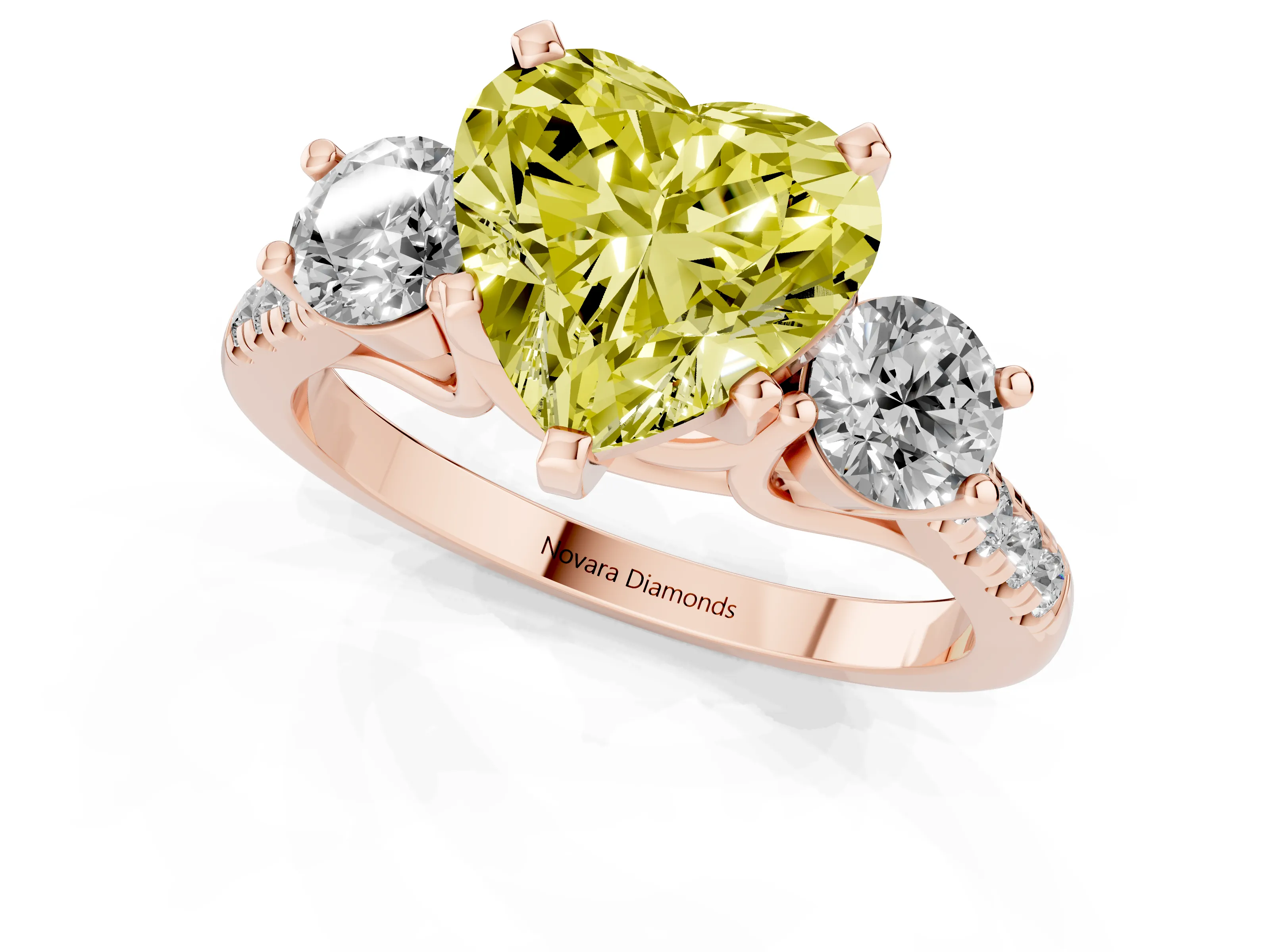 Fancy Yellow Three-Stone Heart Cut Diamond Pavé Band Ring Set in Rose gold with Prong-Set Trio