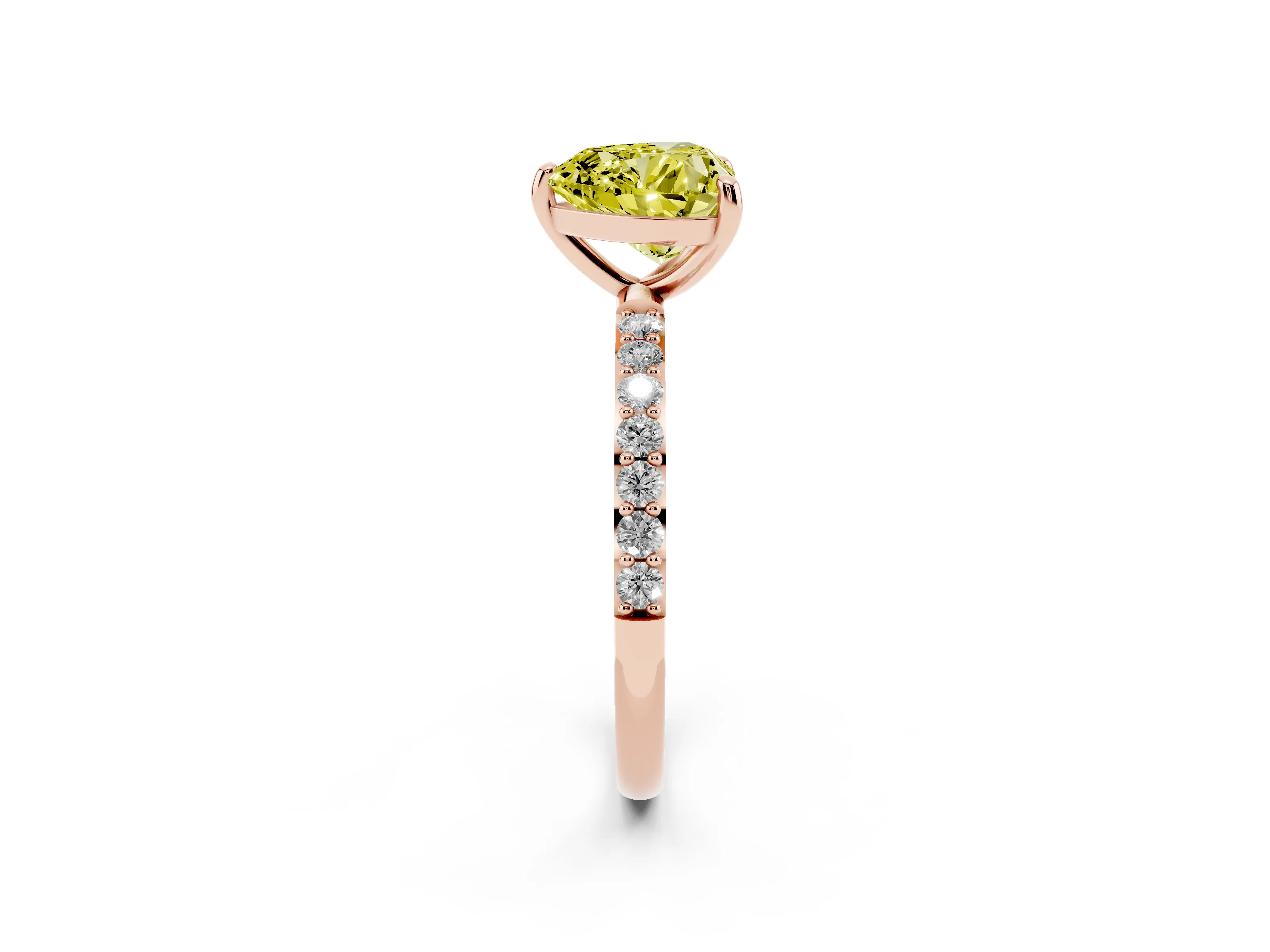 Fancy Yellow Heart Cut Diamond Solitaire Ring Set in Rose gold with Round Pavé Band and Prong Setting