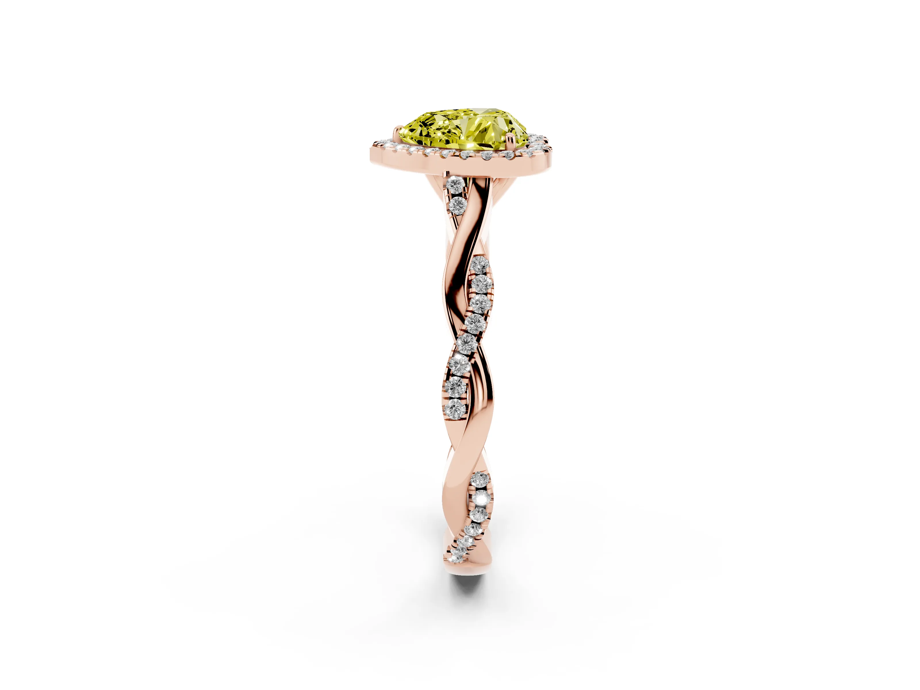 Fancy Yellow Heart Cut Diamond Halo Twist Band Solitaire Ring Set in Rose gold with Prong Setting