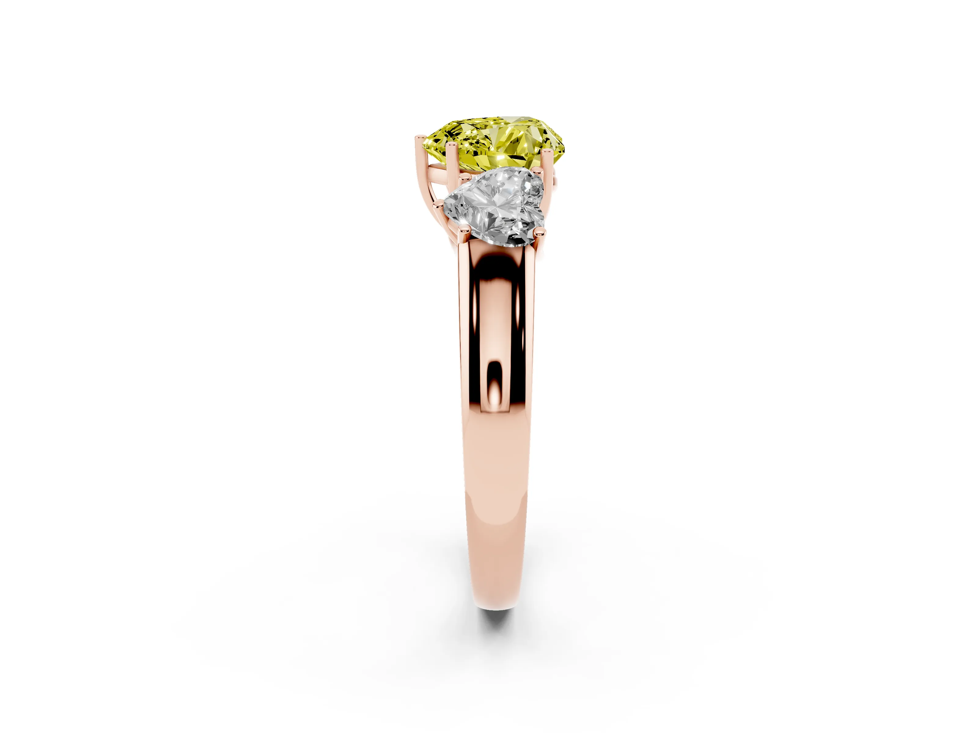 Fancy Yellow Three-Stone Heart Cut Diamond Ring Set in Rose gold with Matching Prong Settings and Plain Band