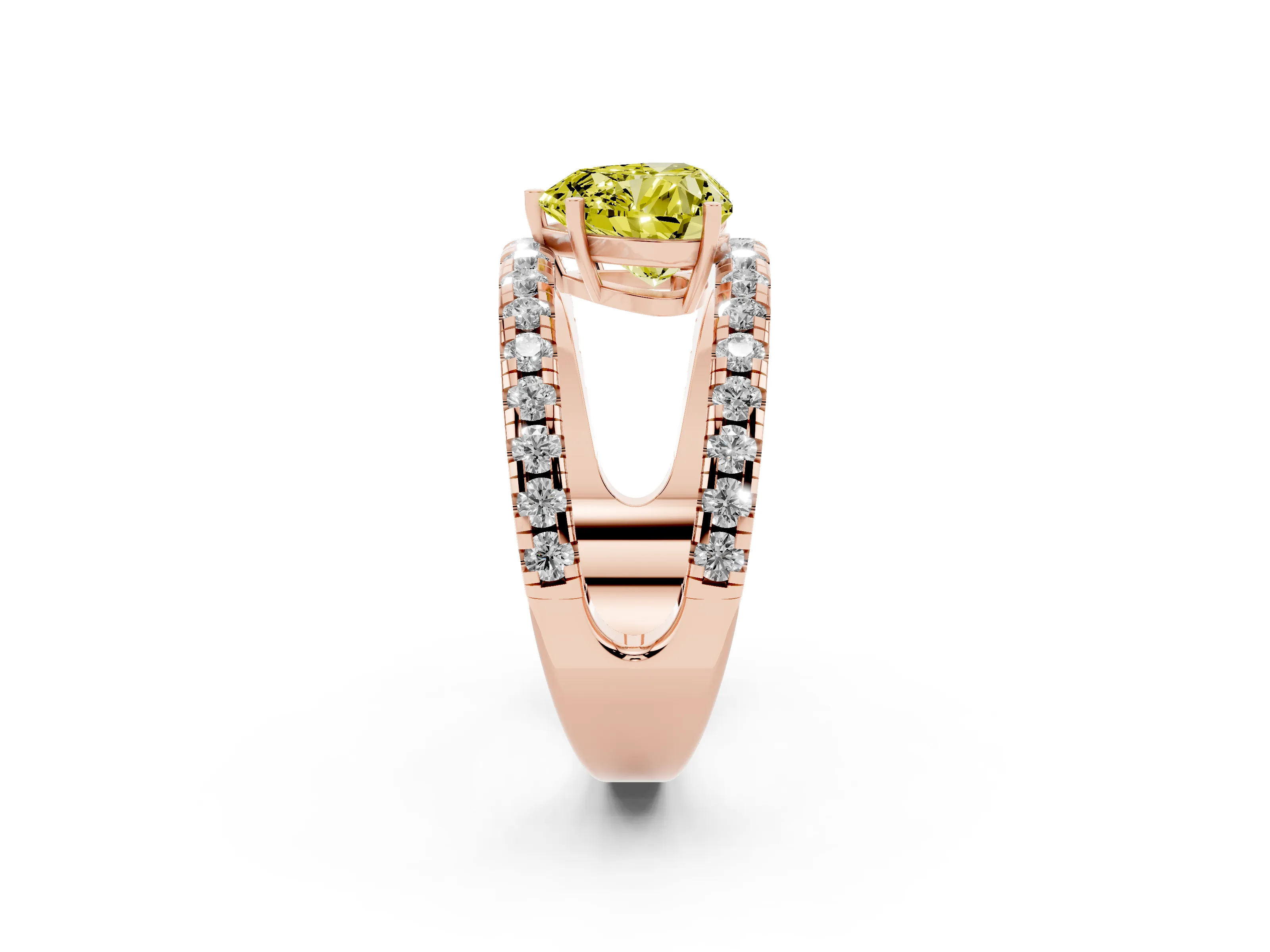 Fancy Yellow Heart Cut Diamond Split Shank Pavé Solitaire Ring Set in Rose gold with Open Shank Design
