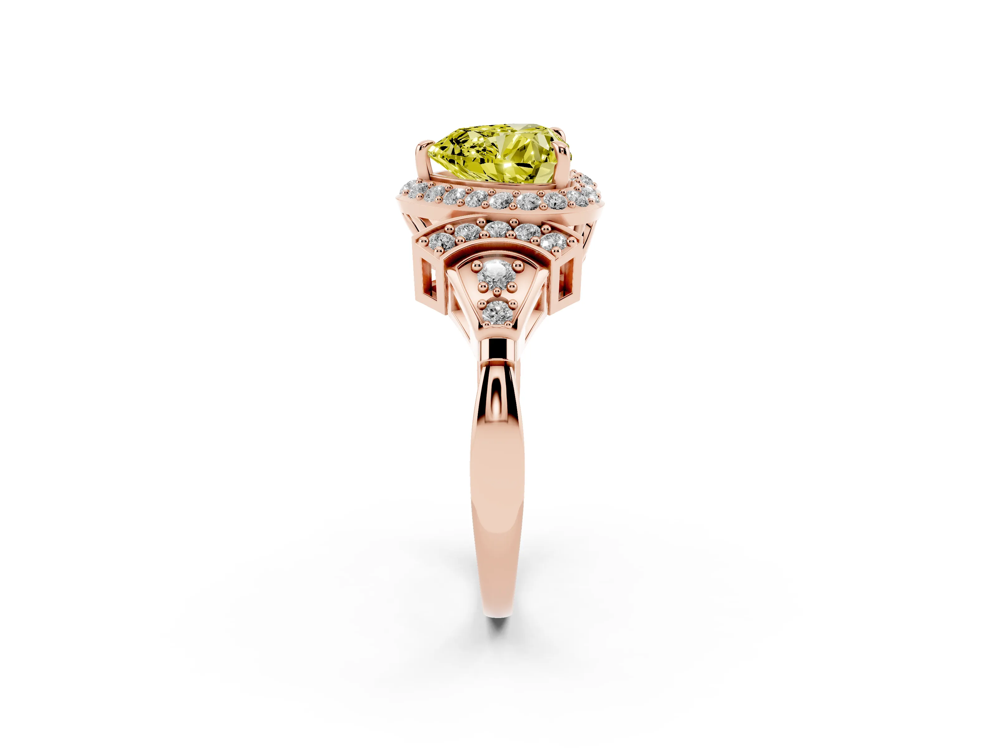 Fancy Yellow Heart Cut Diamond Halo Engagement Ring Set in Rose gold with Accent Stone Split Shank