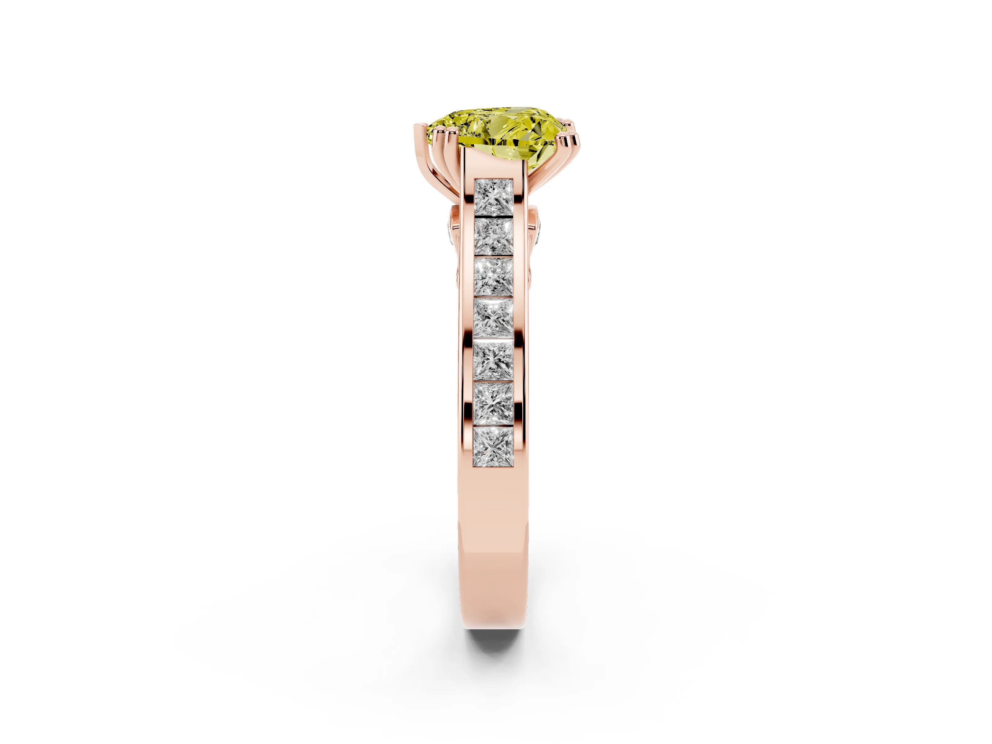 Fancy Yellow Heart Cut Diamond Channel Set Solitaire Engagement Ring Set in Rose gold with Prong Setting