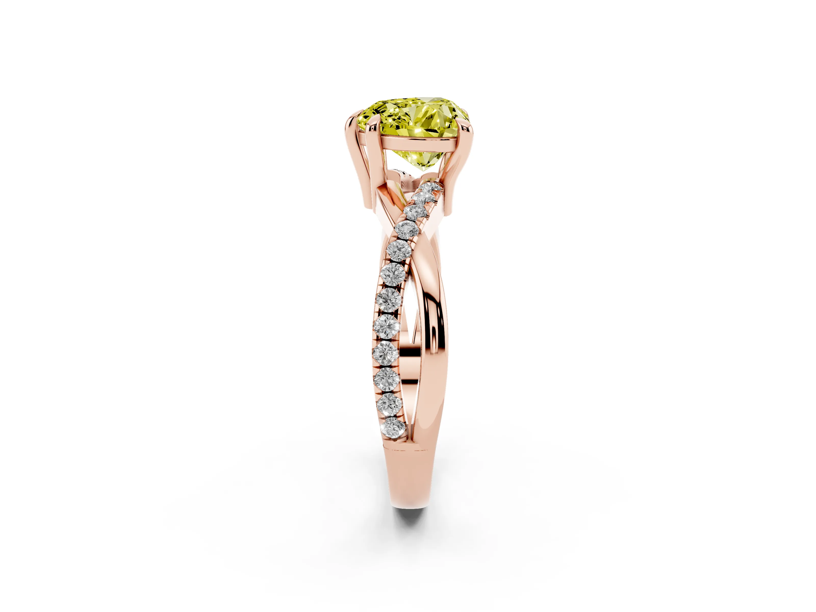 Fancy Yellow Heart Cut Diamond Twist Band Solitaire Set in Rose gold with Pavé Accents and Prong Setting