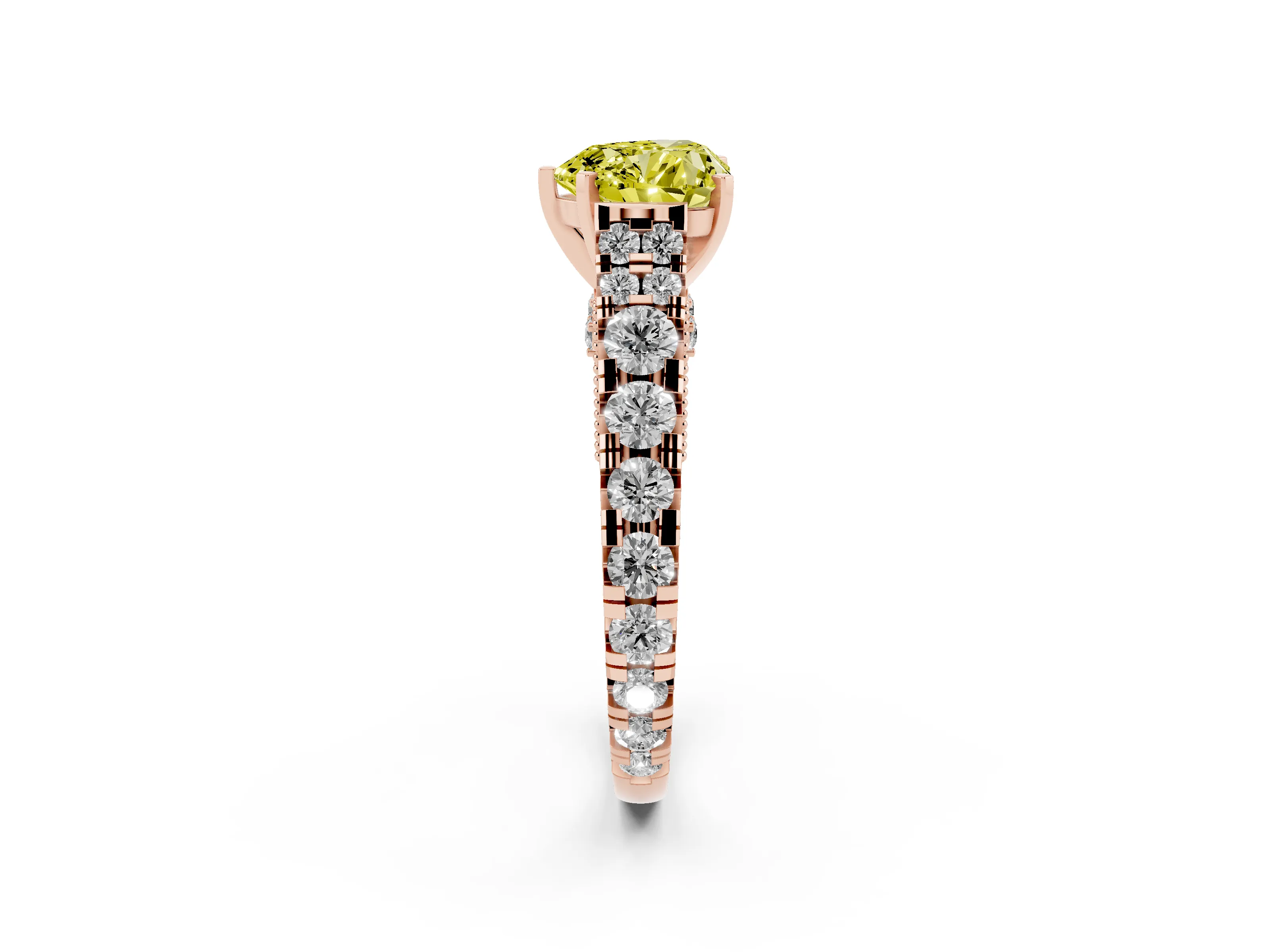 Fancy Yellow Heart Cut Diamond Classic Solitaire Ring Set in Rose gold with Pavé Band and Prong Setting