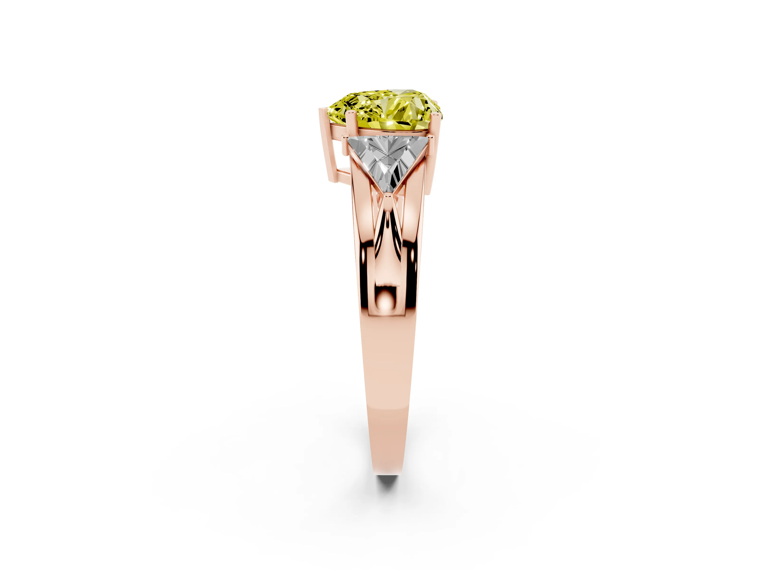 Fancy Yellow Heart Cut Diamond Three-Stone Ring Set in Rose gold with Trillion Side Stones and Split Shank