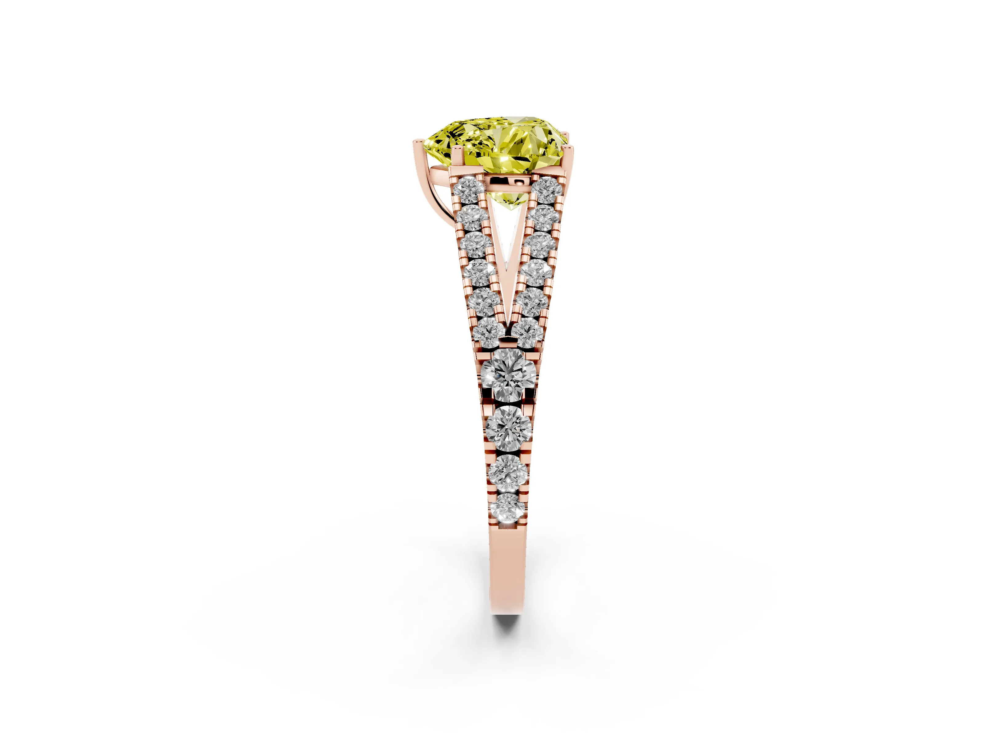 Fancy Yellow Heart Cut Diamond Split Shank Pavé Engagement Ring Set in Rose gold with Prong-Held Center Stone