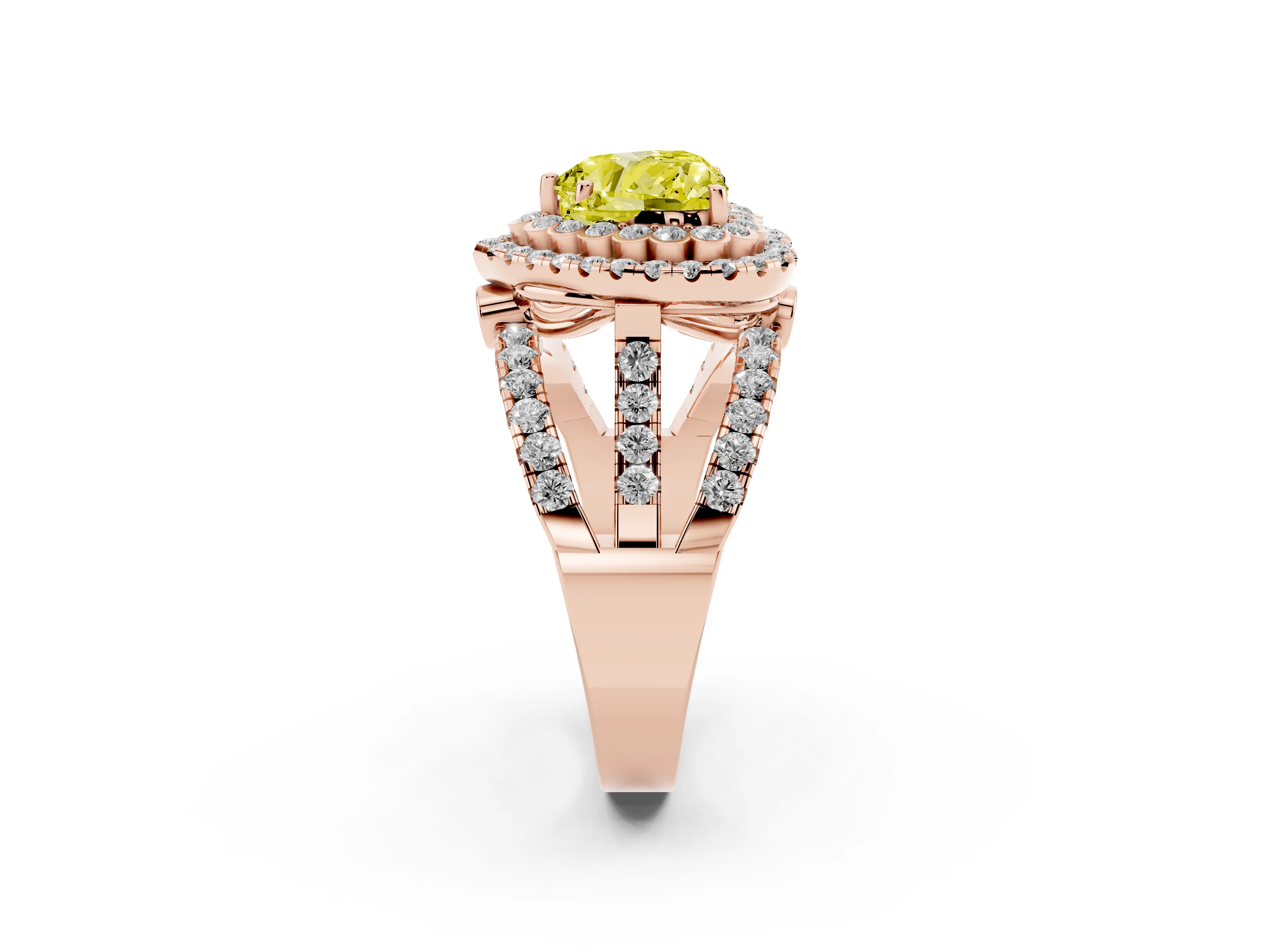 Fancy Yellow Heart Cut Diamond Double Halo Ring Set in Rose gold with Round Pavé Split Shank