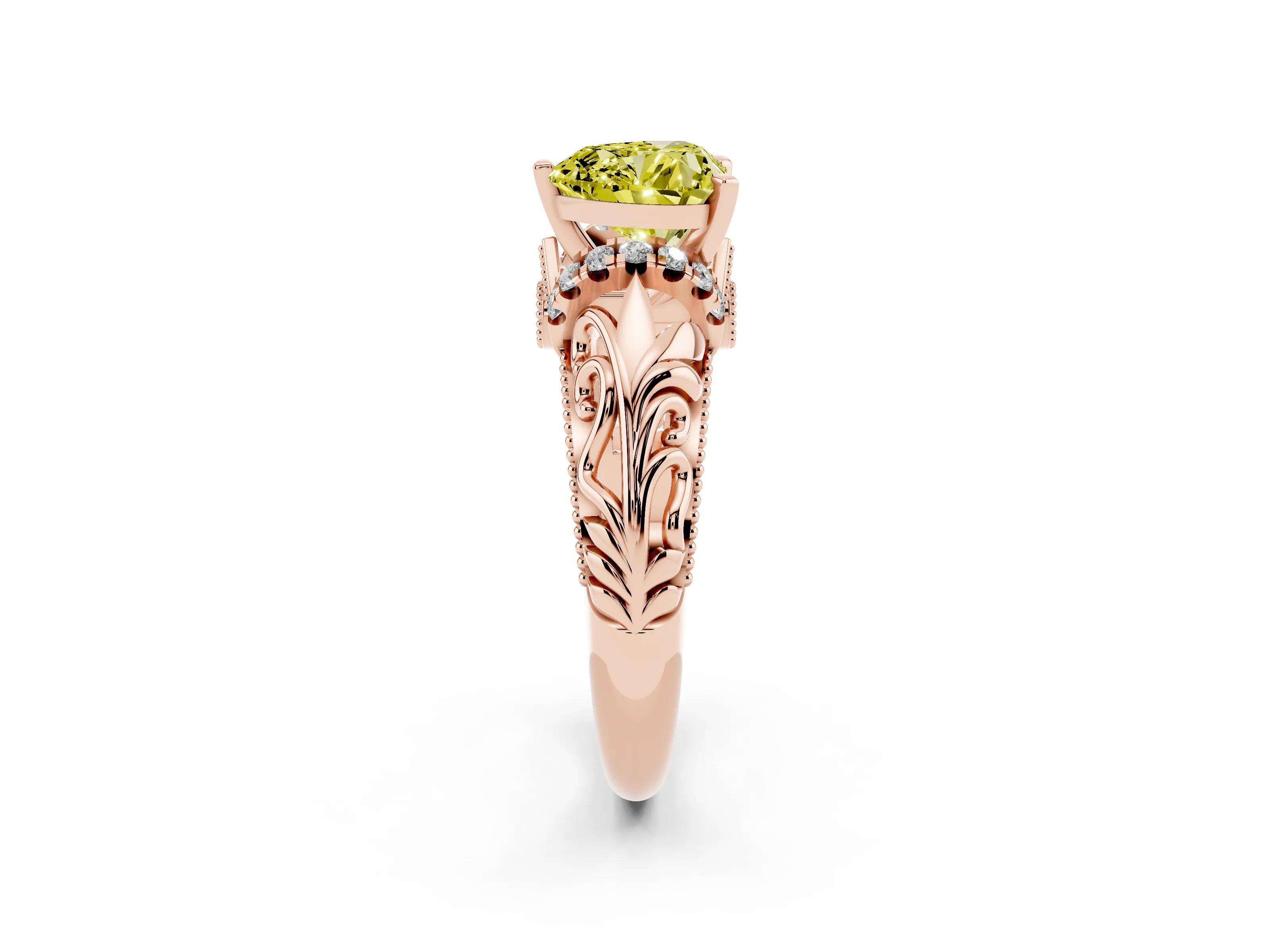 Fancy Yellow Heart Cut Diamond Filigree Halo Engagement Ring Set in Rose gold with Prong Setting