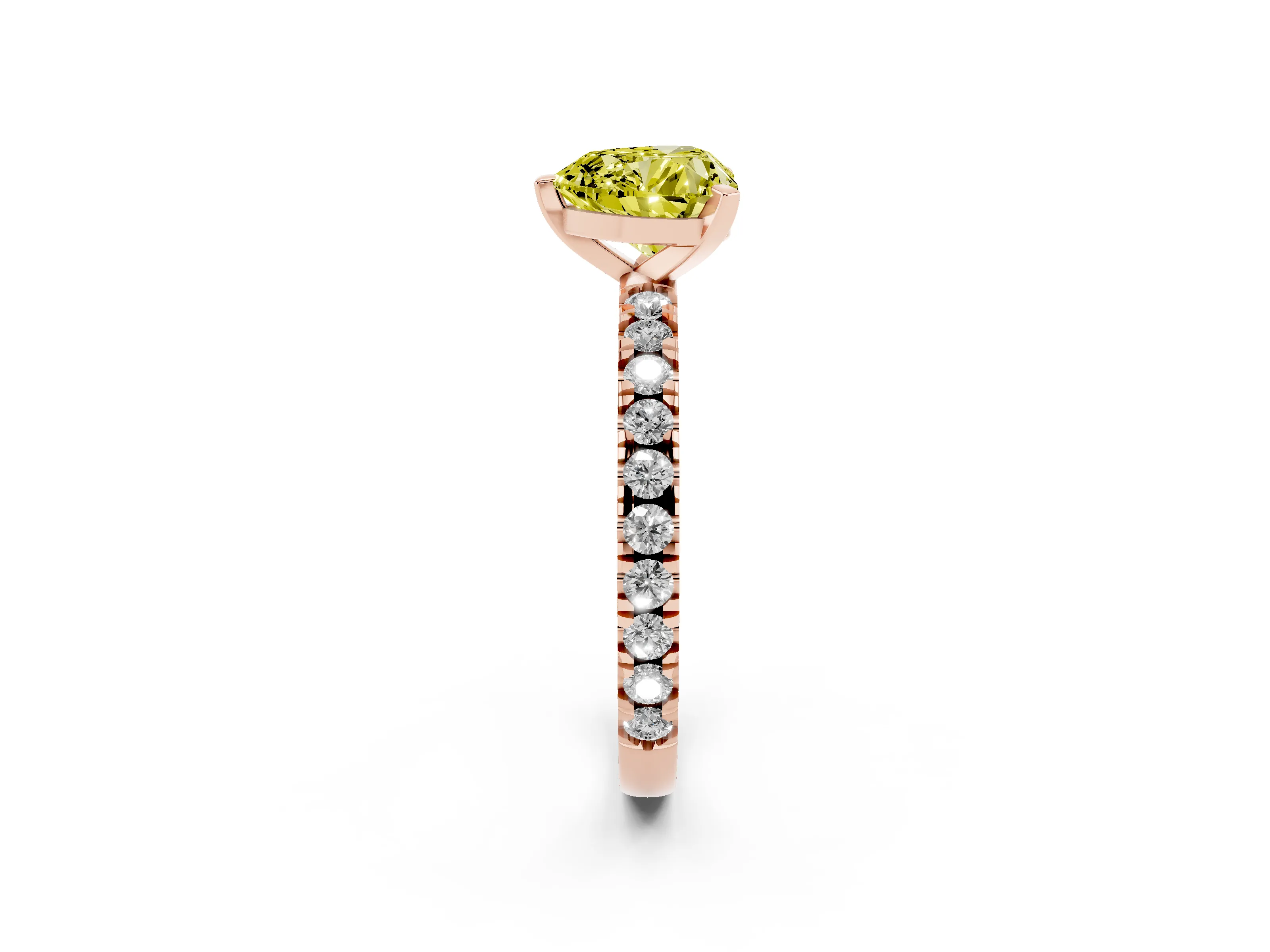 Fancy Yellow Heart Cut Diamond Pavé Band Solitaire Set in Rose gold with Prong Setting