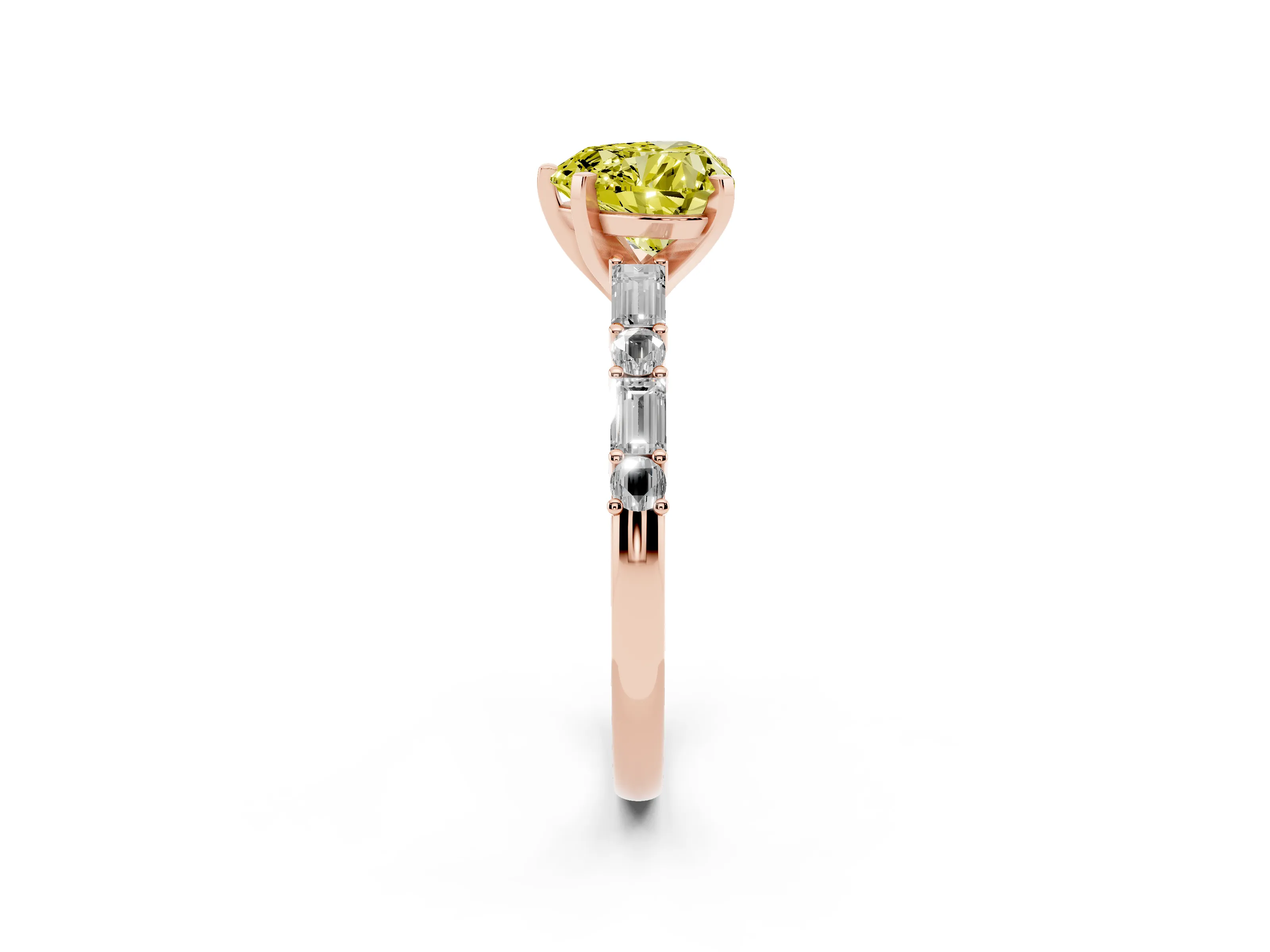 Fancy Yellow Heart Cut Diamond Solitaire Set in Rose gold with Side Baguettes and Channel Set Band