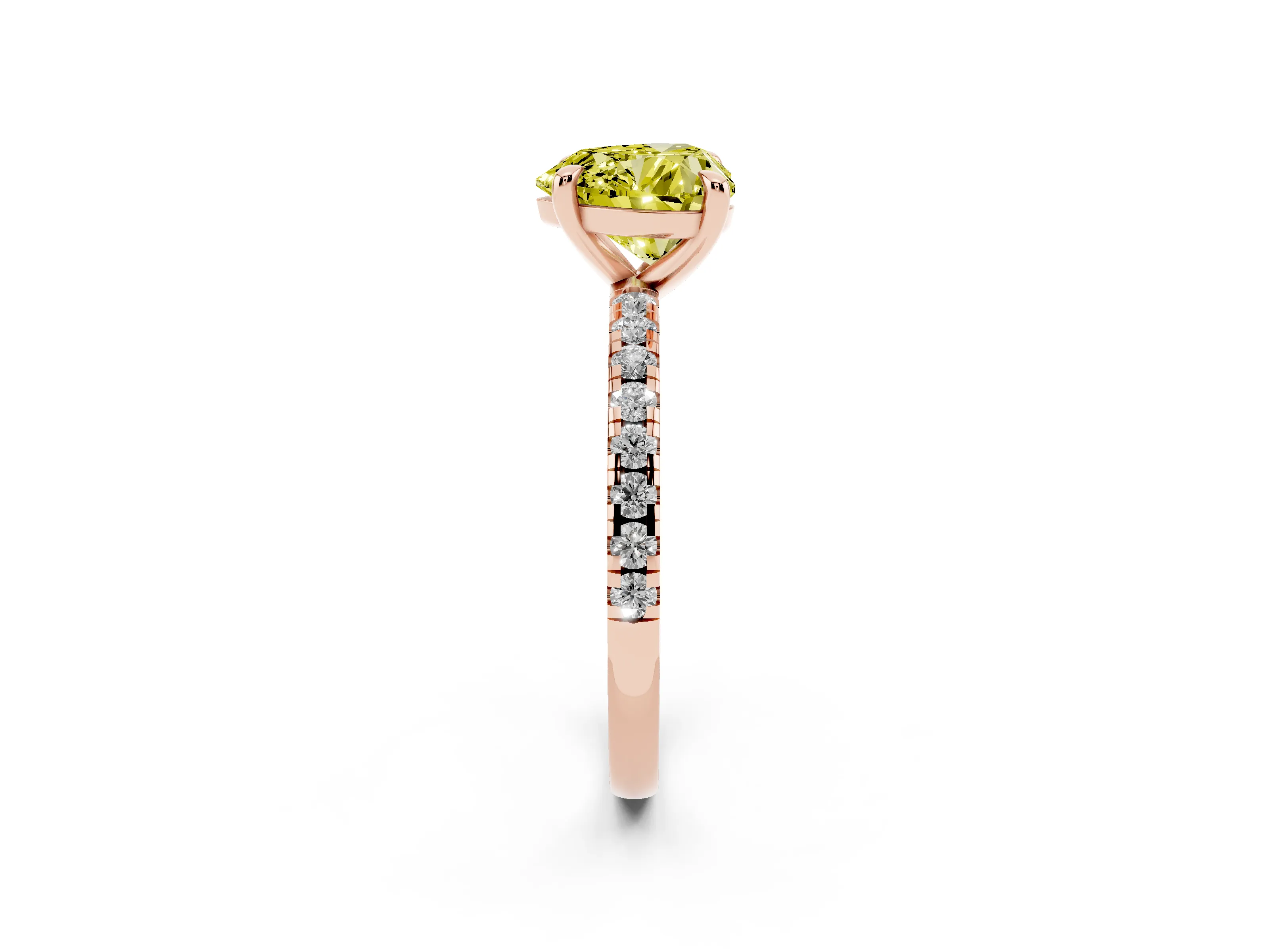 Fancy Yellow Heart Cut Diamond Brilliant Solitaire Ring Set in Rose gold with Pavé Band and Prong Setting