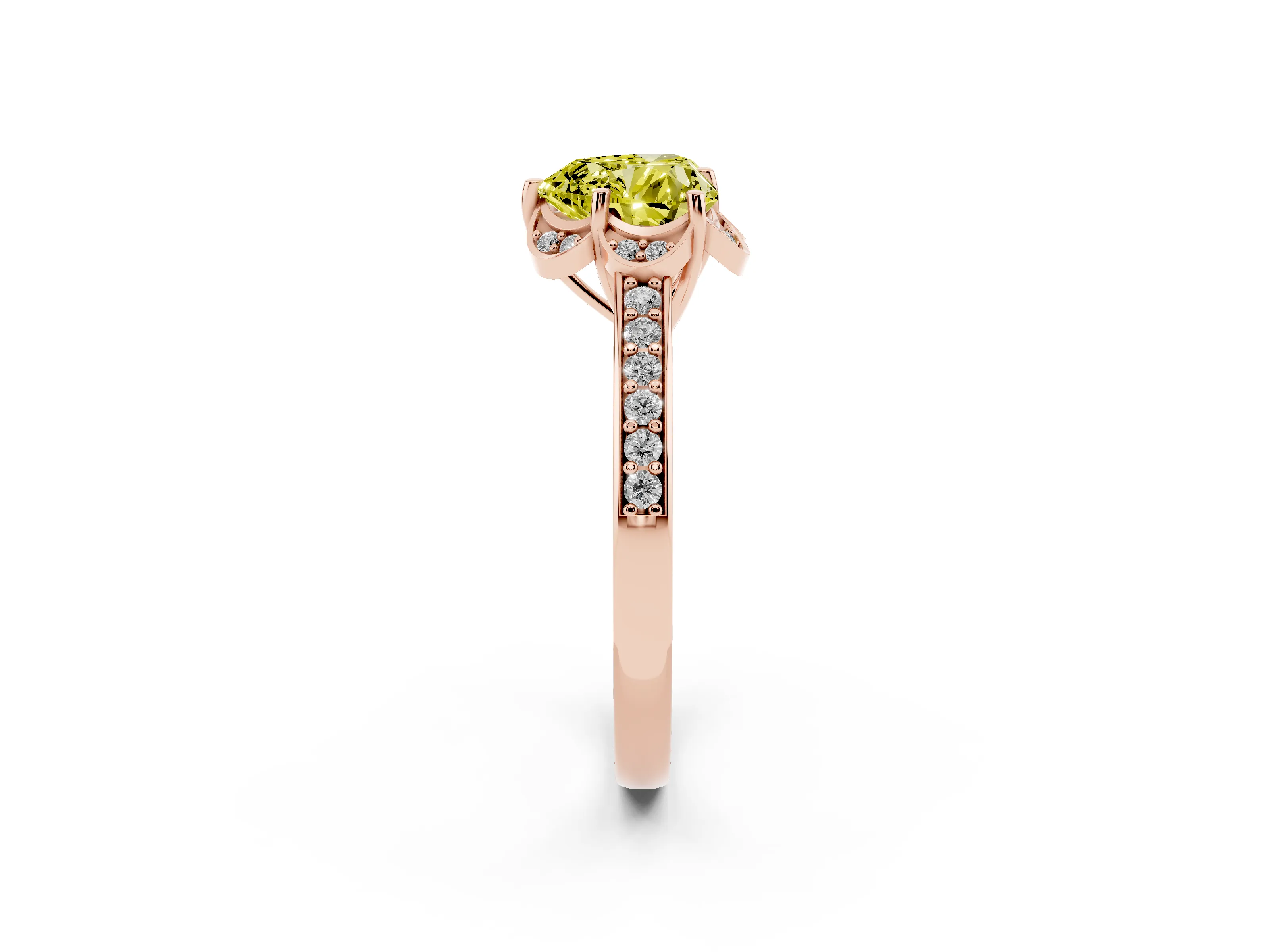 Fancy Yellow Heart Cut Diamond Halo Ring Set in Rose gold with Channel Set Band and Prong Setting