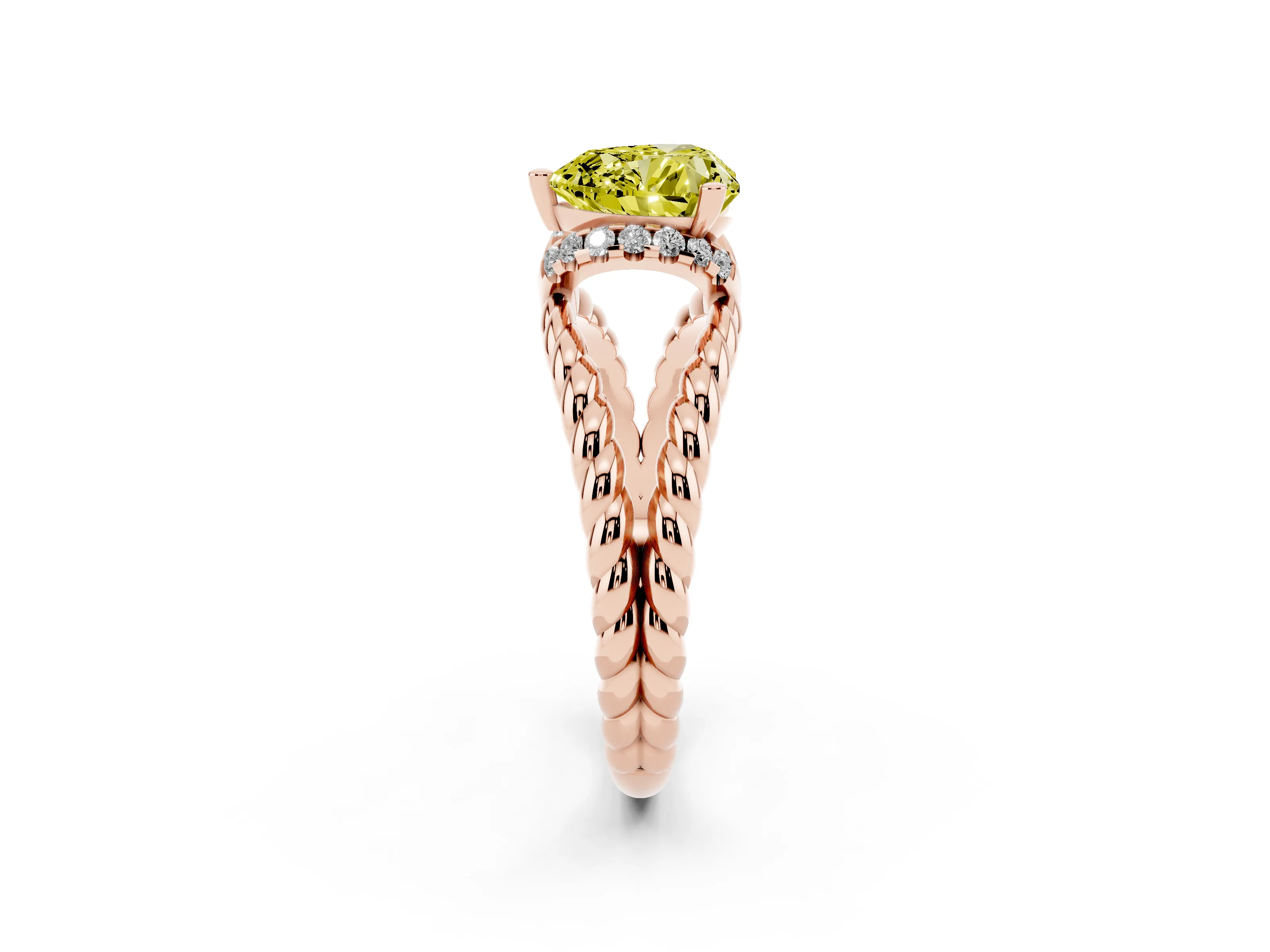 Fancy Yellow Heart Cut Diamond Halo Ring Set in Rose gold with Twisted Band and Prong Setting