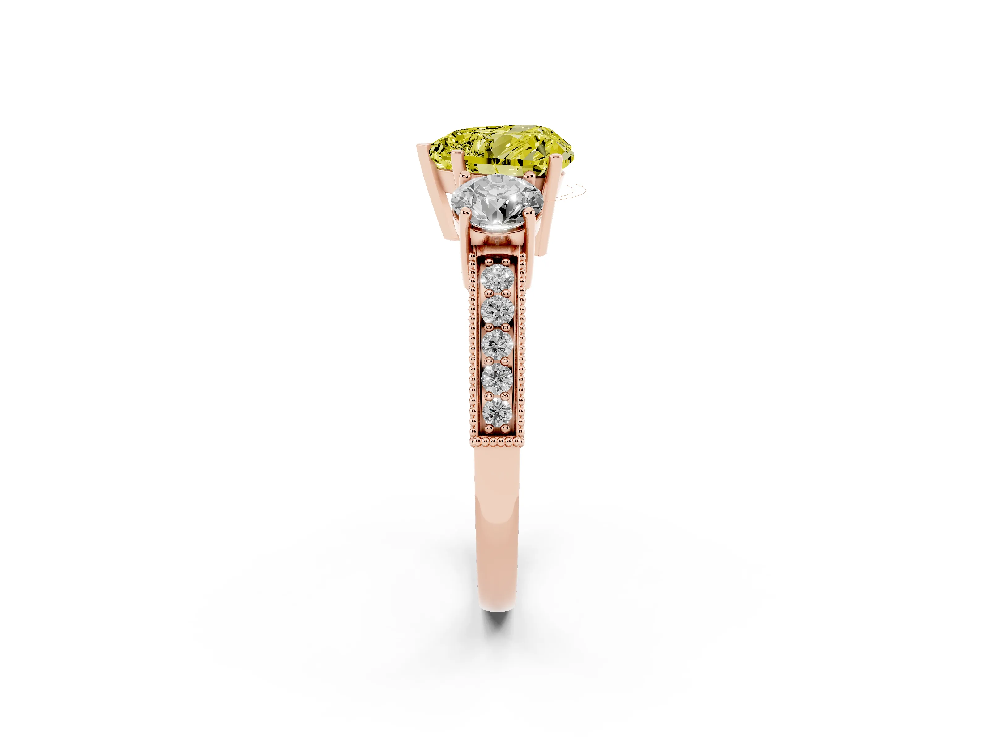 Fancy Yellow Heart Cut Diamond Three-Stone Ring Set in Rose gold with Round Side Stones and Pavé Band