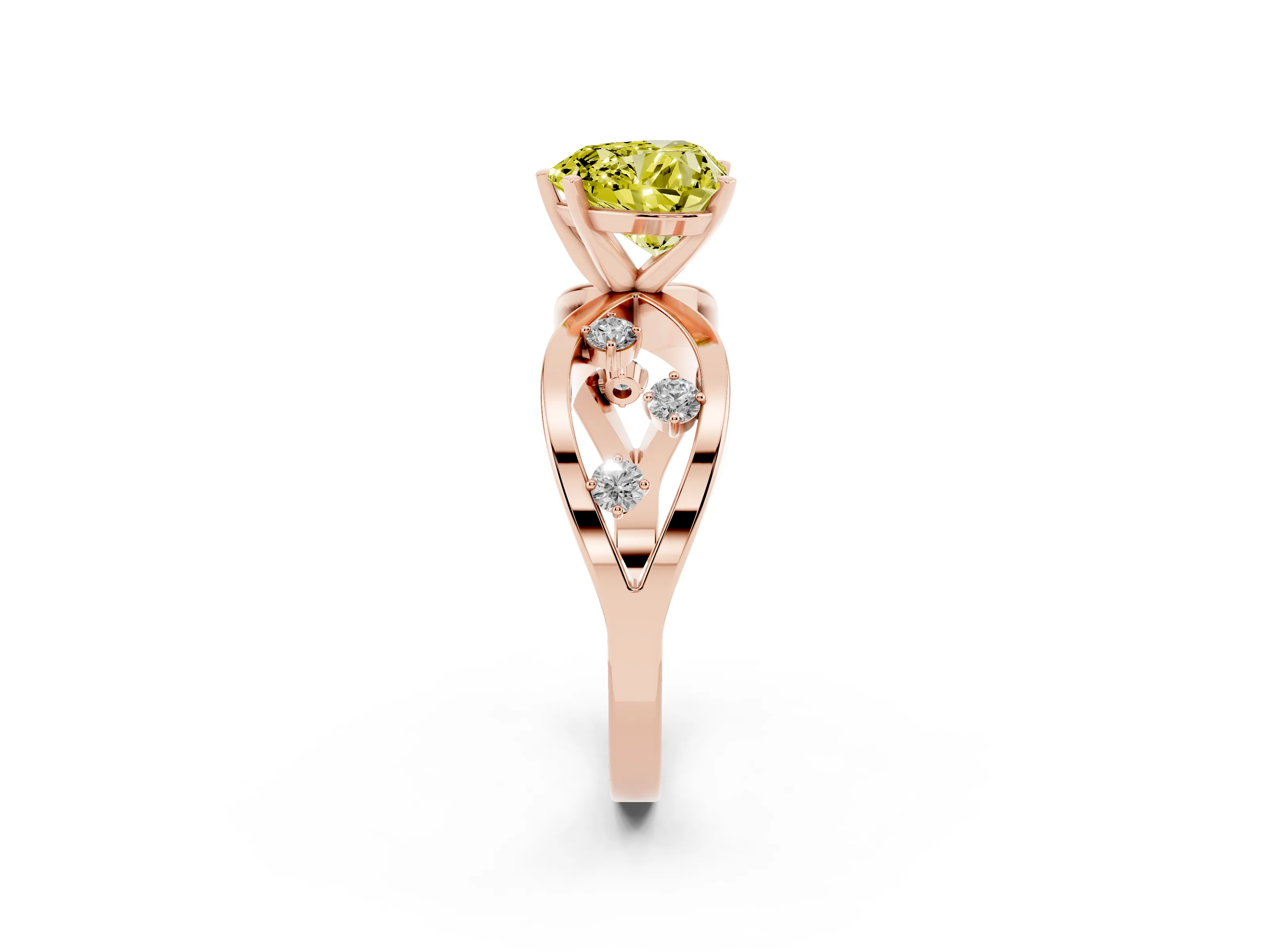 Fancy Yellow Heart Cut Diamond Solitaire Ring Set in Rose gold with Side Stones on Criss-Cross Band and Prong Setting