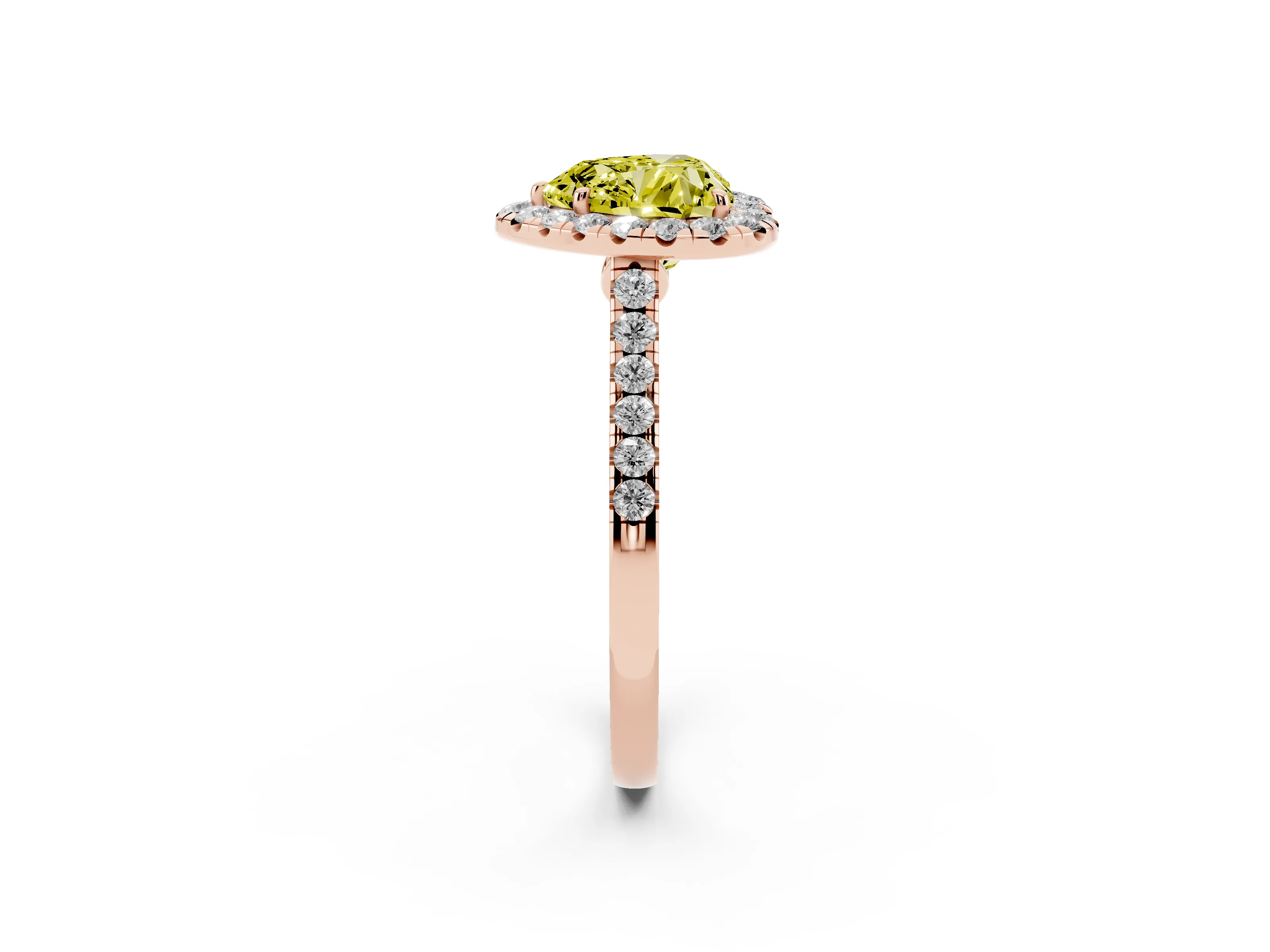 Fancy Yellow Heart Cut Diamond Halo Pavé Engagement Ring Set in Rose gold with Prong Setting