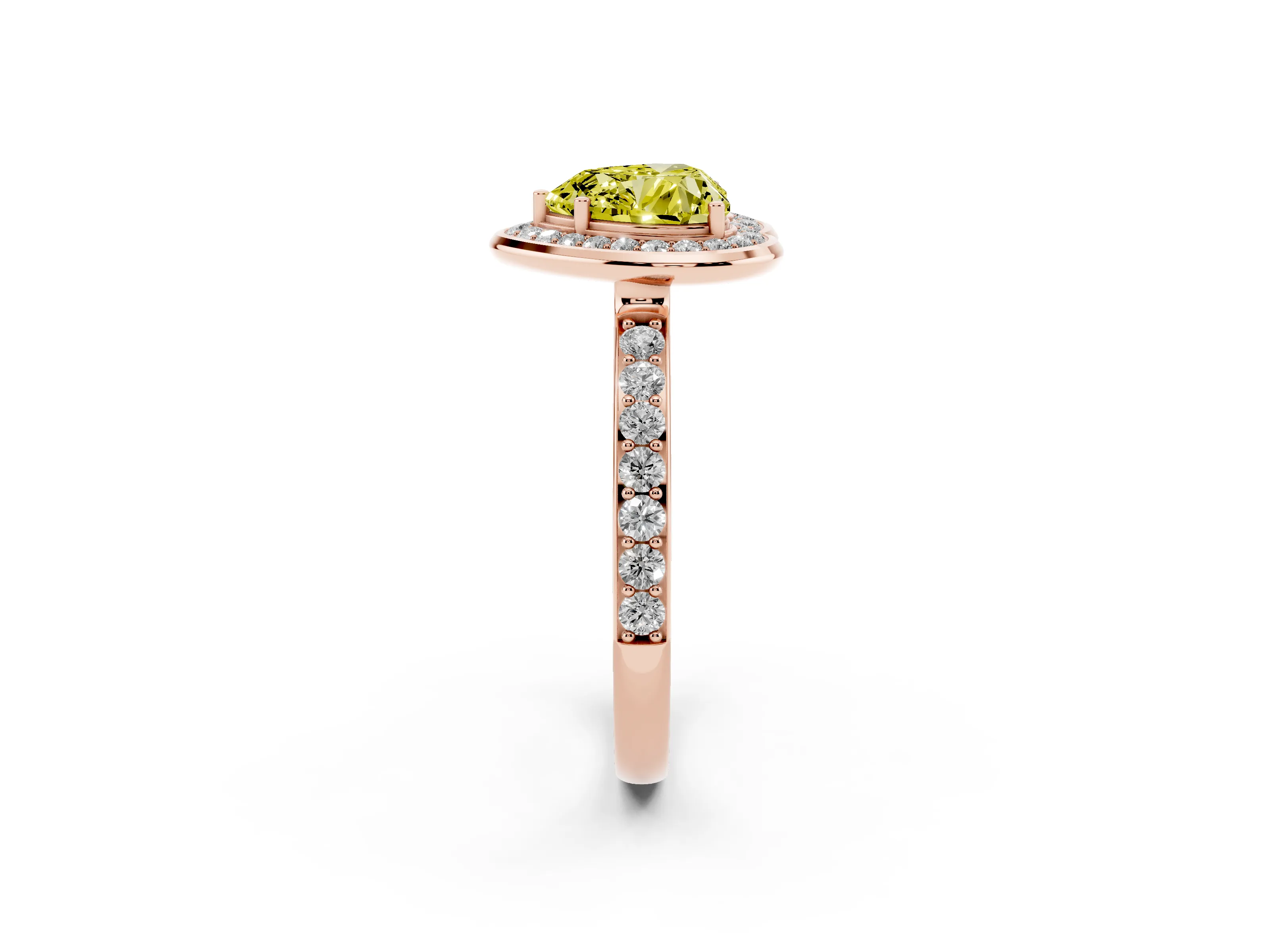 Fancy Yellow Heart Cut Diamond Halo Ring Set in Rose gold with Bezel Frame and Pavé Band