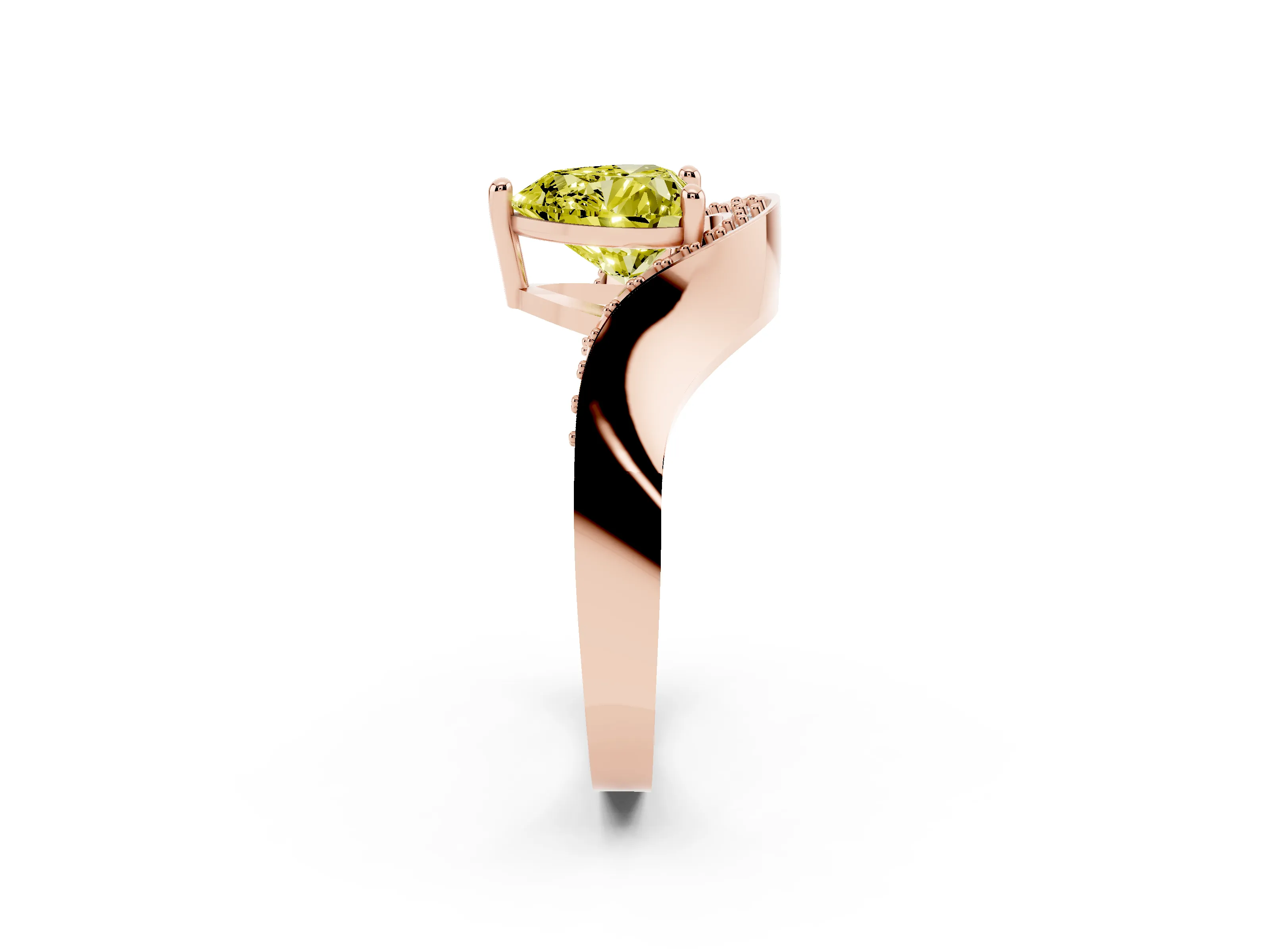 Fancy Yellow Heart Cut Diamond Solitaire Engagement Ring Set in Rose gold with Pavé Shoulders