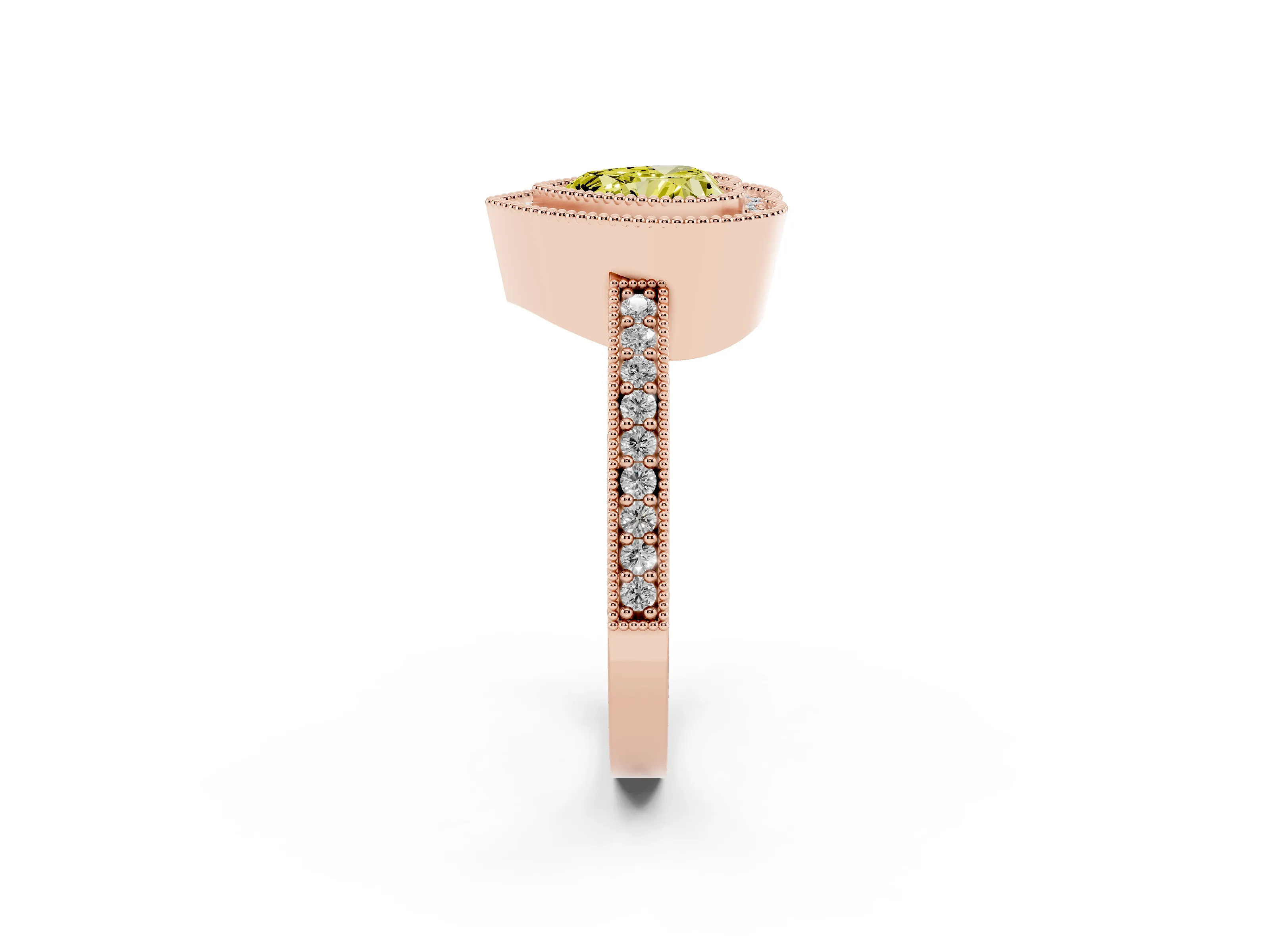 Fancy Yellow Heart Cut Diamond Halo Engagement Ring Set in Rose gold with Pavé Band and Round Halo Stones