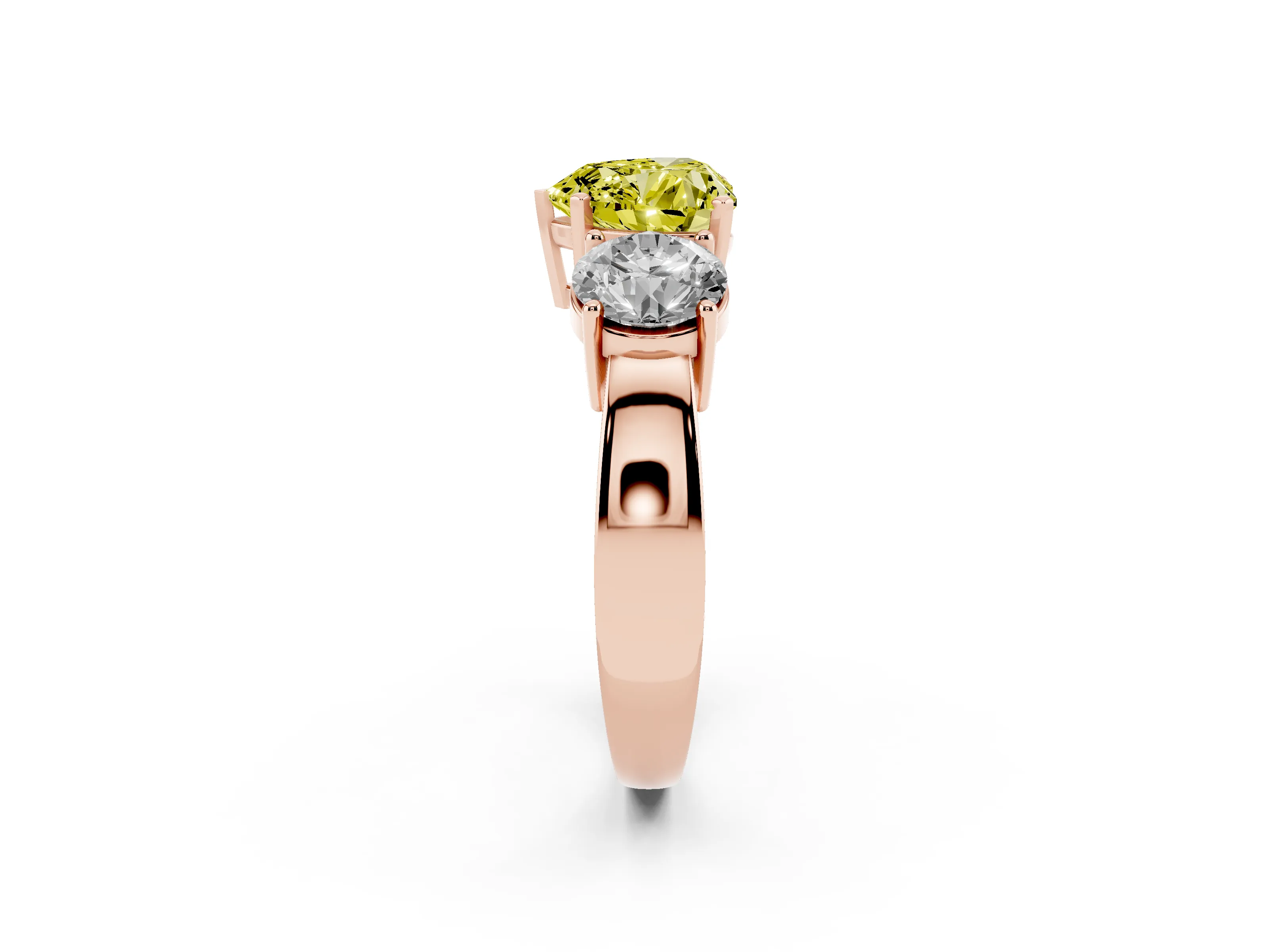 Fancy Yellow Heart Cut Diamond Three-Stone Ring Set in Rose gold with Round Side Stones and Classic Band