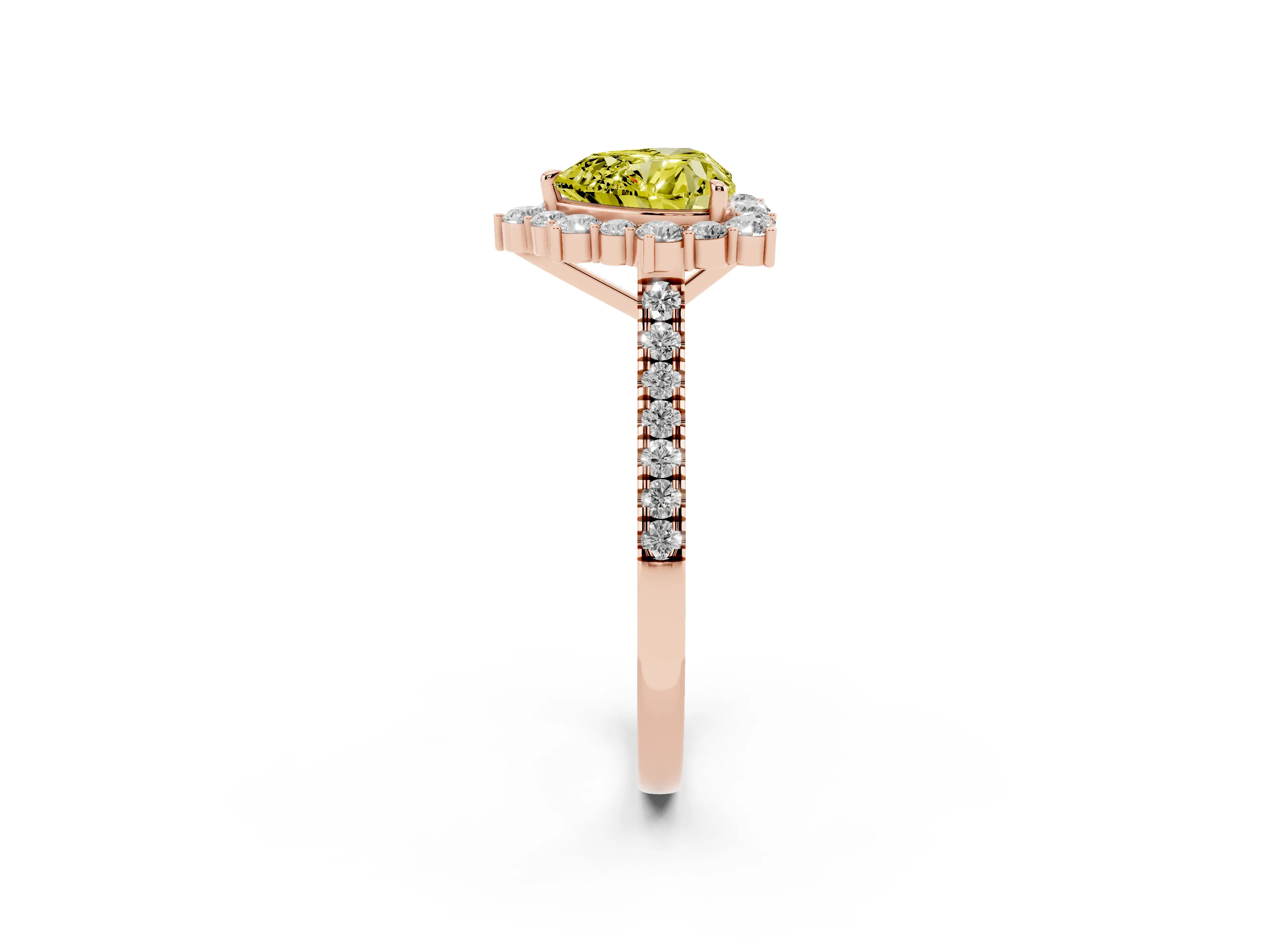 Fancy Yellow Heart Cut Diamond Halo Ring Set in Rose gold with Pavé Band and Prong Setting