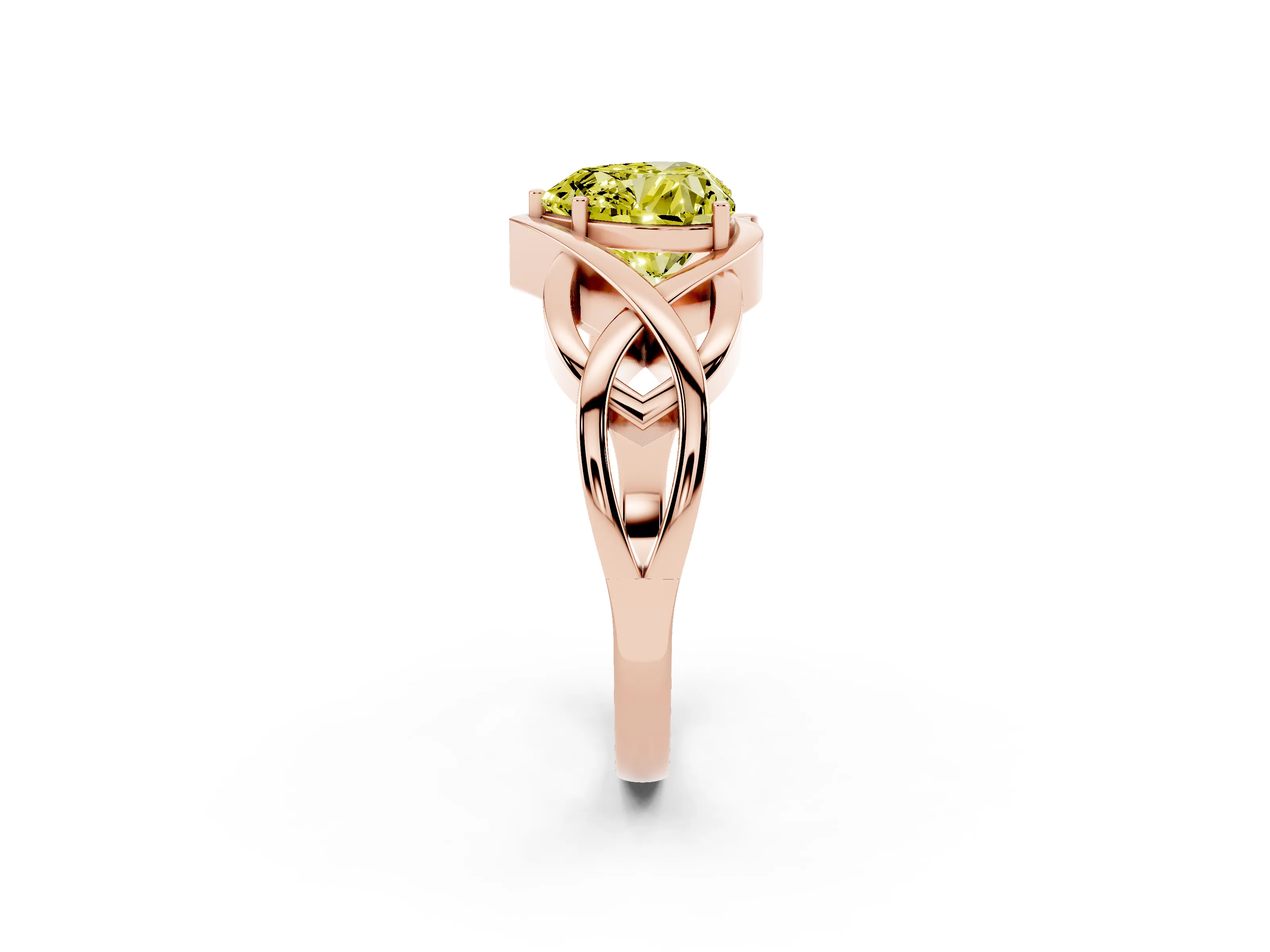 Fancy Yellow Heart Cut Diamond Solitaire Ring Set in Rose gold with Intertwined Band