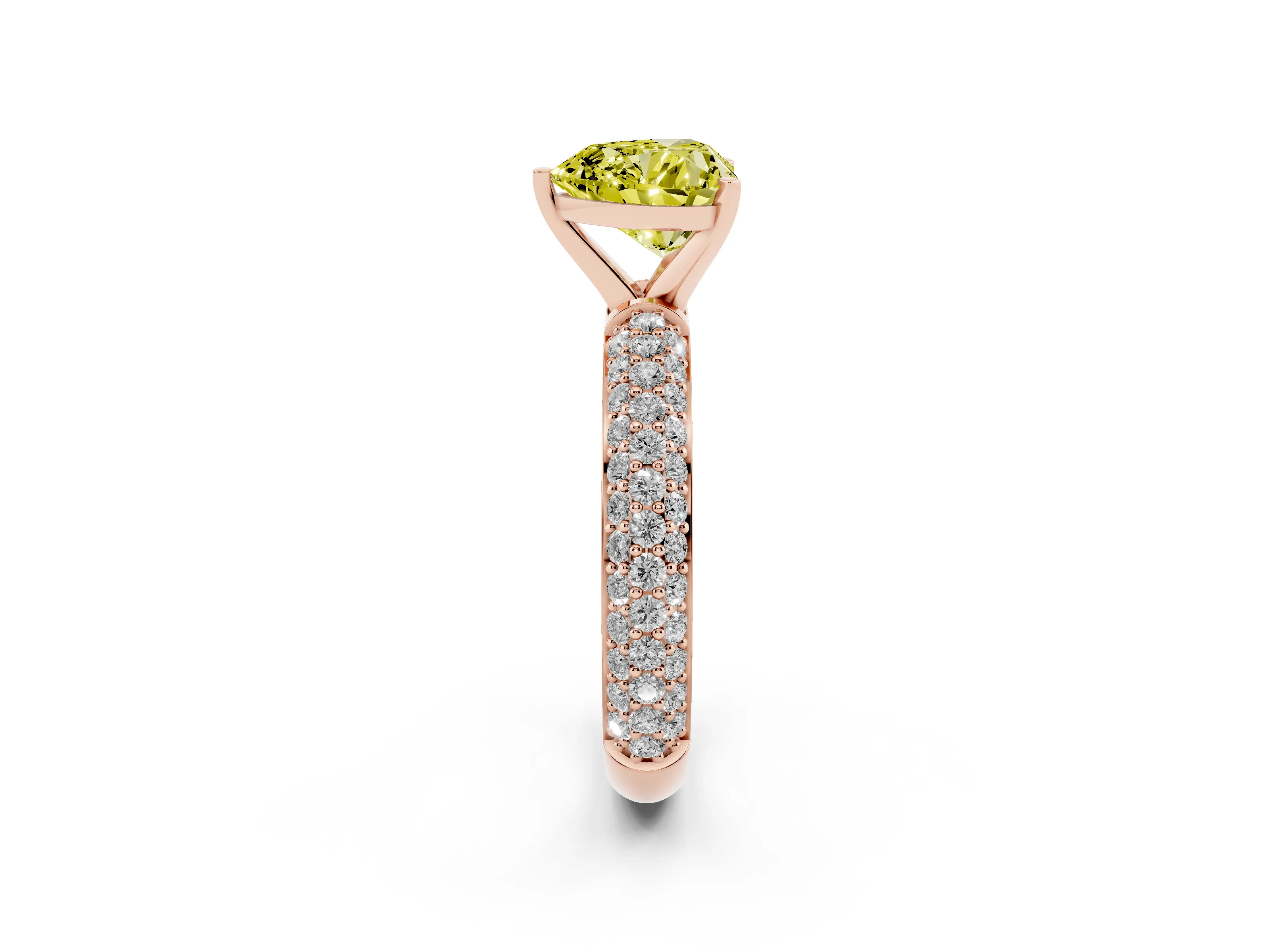 Fancy Yellow Heart Cut Diamond Solitaire Ring Set in Rose gold with Prong Setting and Pavé-Set Band