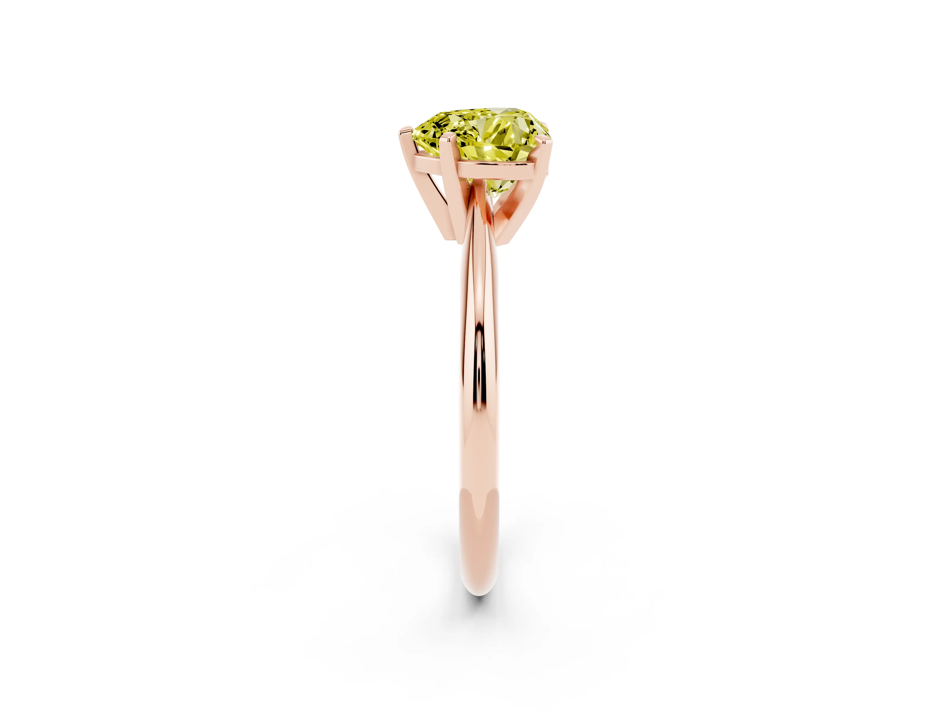Fancy Yellow Heart Cut Diamond Solitaire Ring Set in Rose gold with Prong Setting on a Plain Round Band