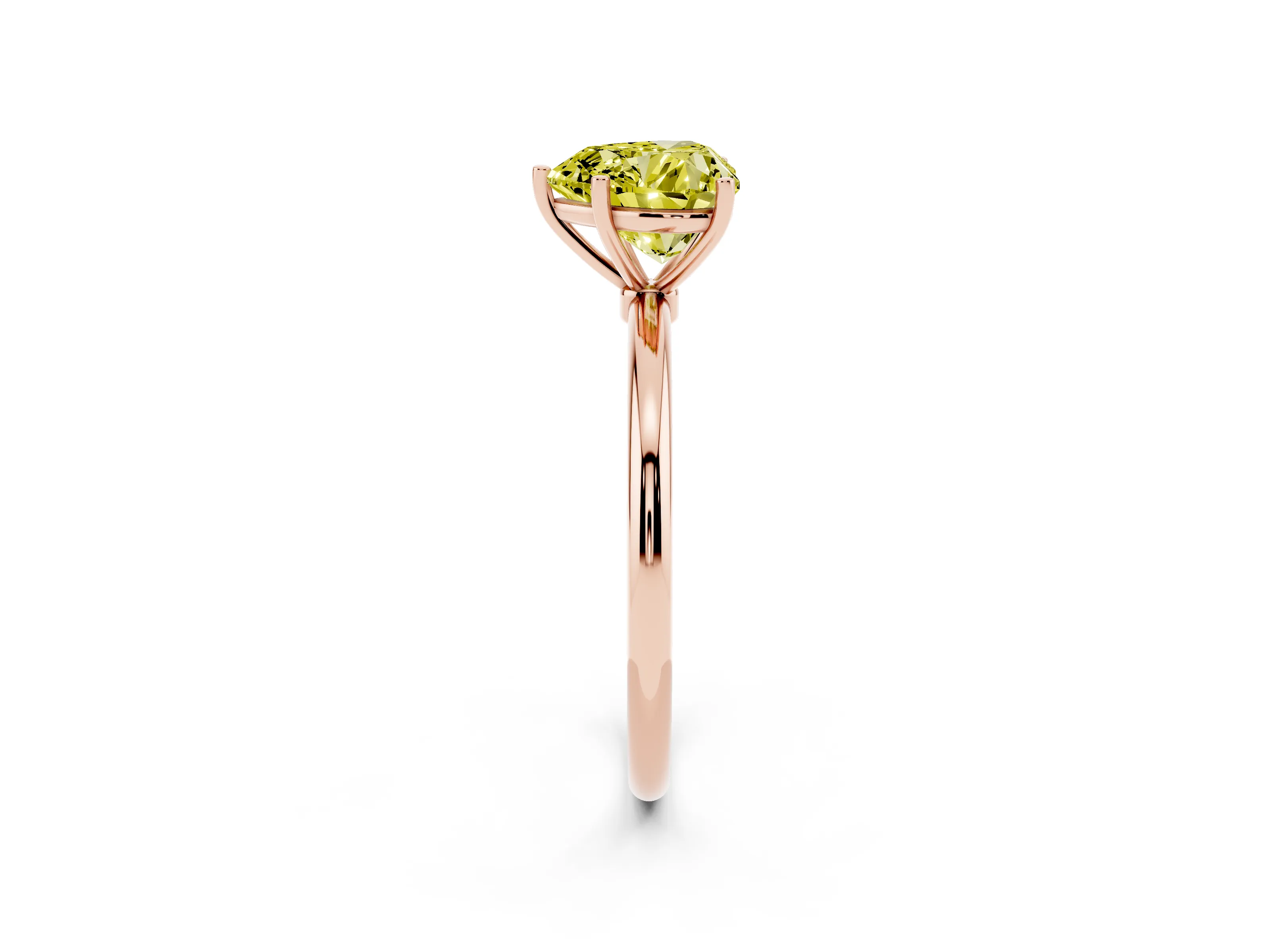 Fancy Yellow Heart Cut Diamond Solitaire Engagement Ring Set in Rose gold with Thin Band and Prong Setting