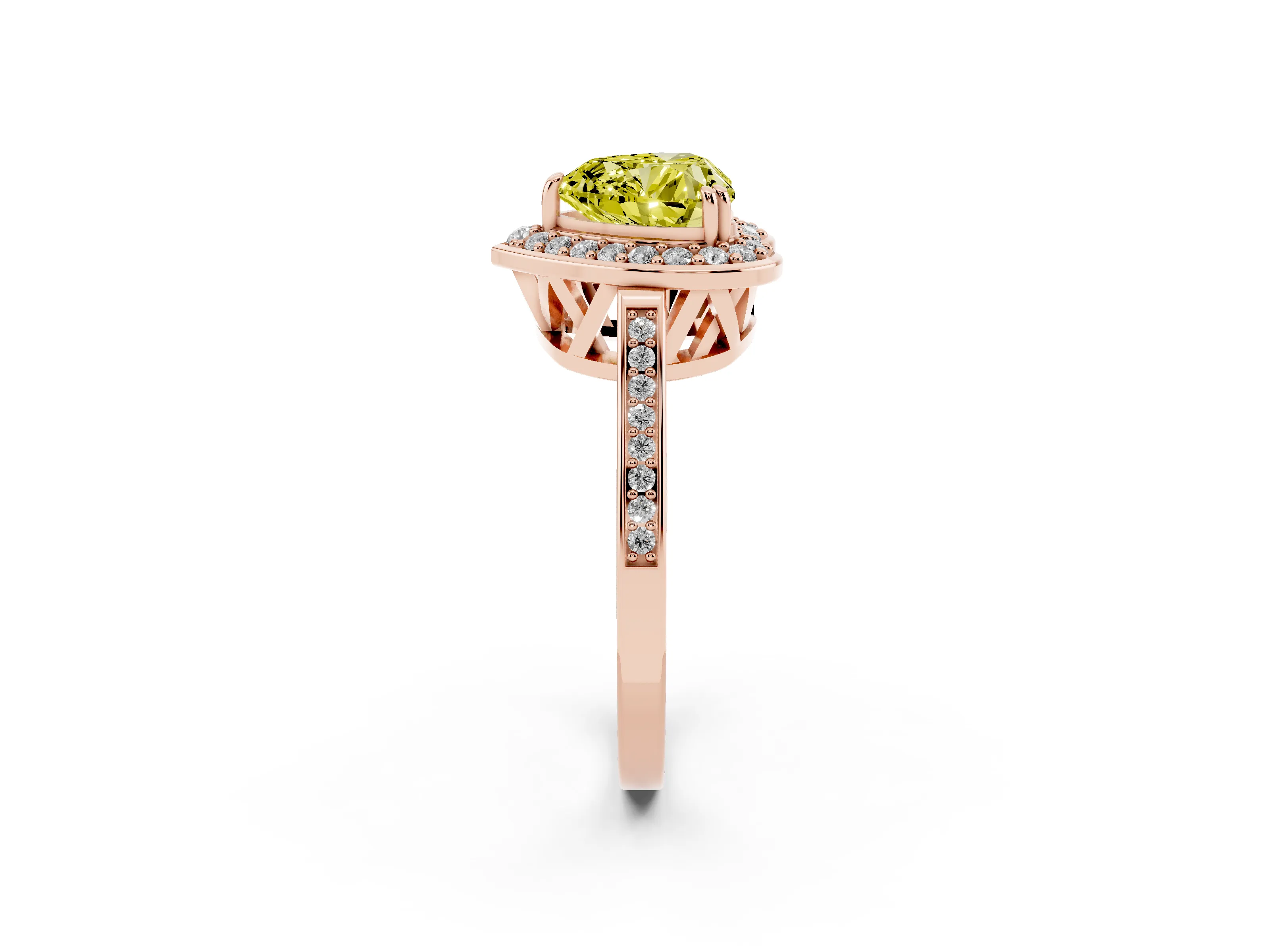 Fancy Yellow Heart Cut Diamond Halo Ring Set in Rose gold with Accent-Lined Split Shank and Prong Setting