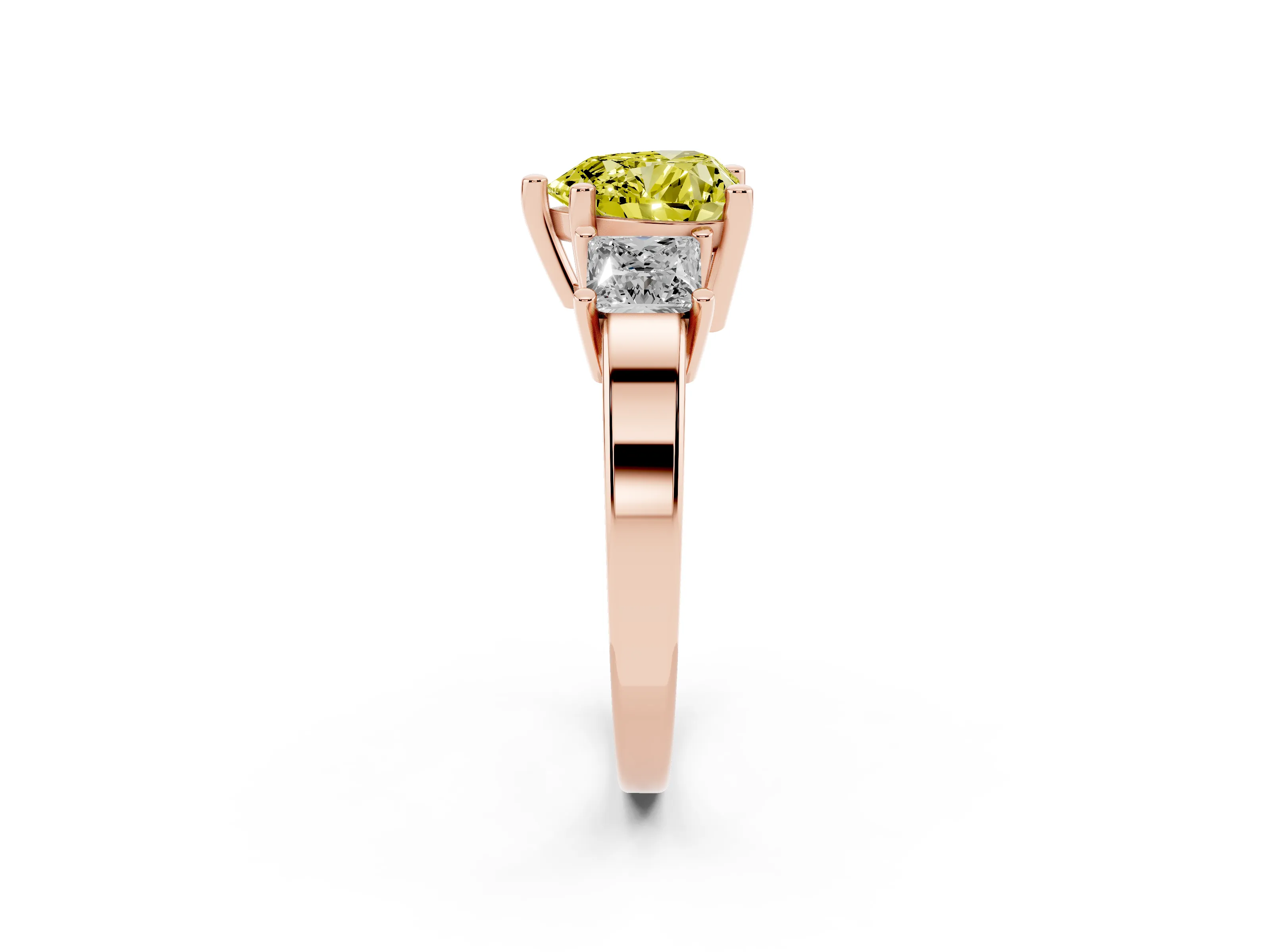 Fancy Yellow Three-Stone Heart Cut Diamond Solitaire Ring Set in Rose gold with Prong Setting