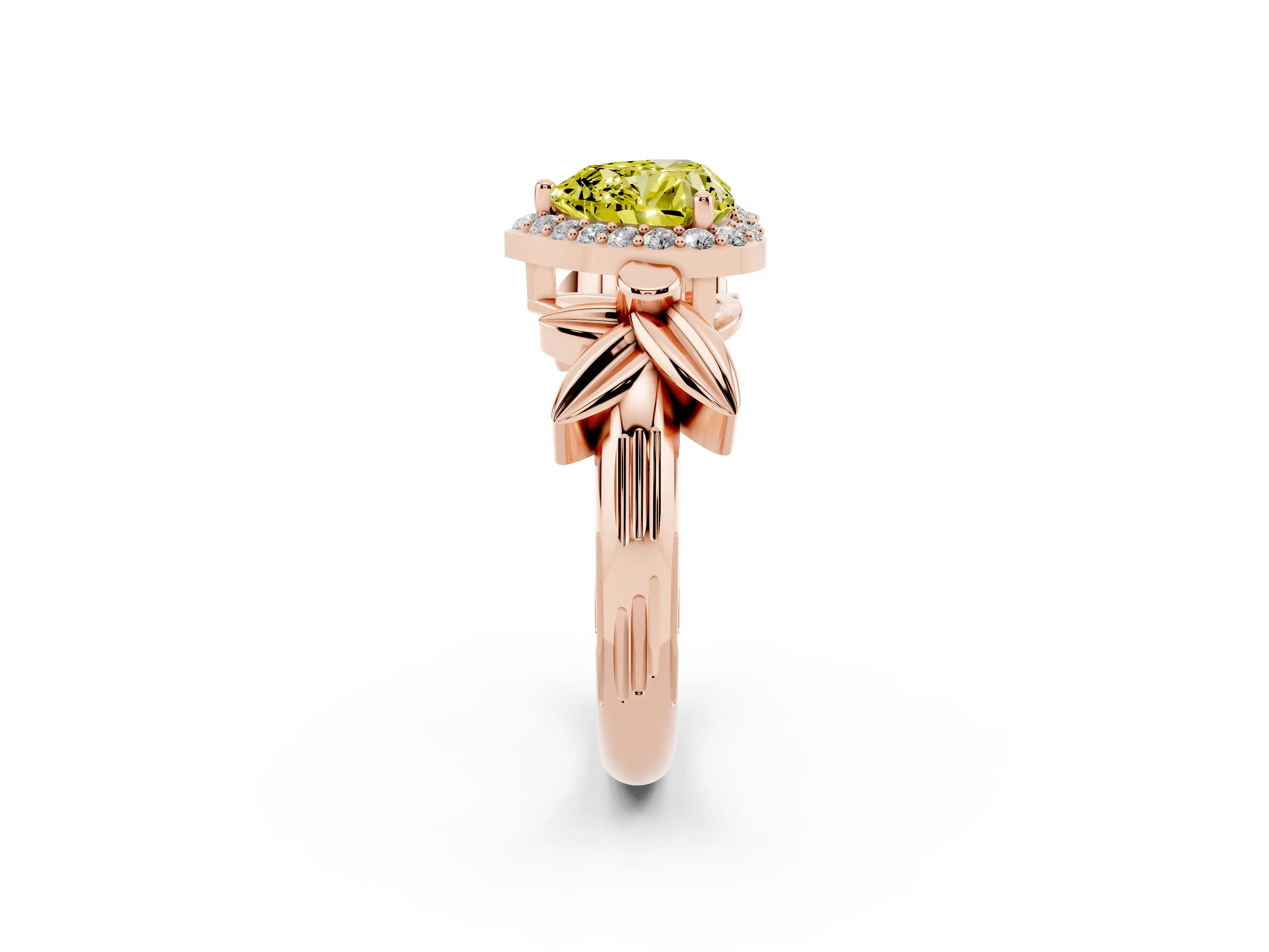 Fancy Yellow Heart Cut Diamond Halo Floral Band Ring Set in Rose gold with Prong Setting