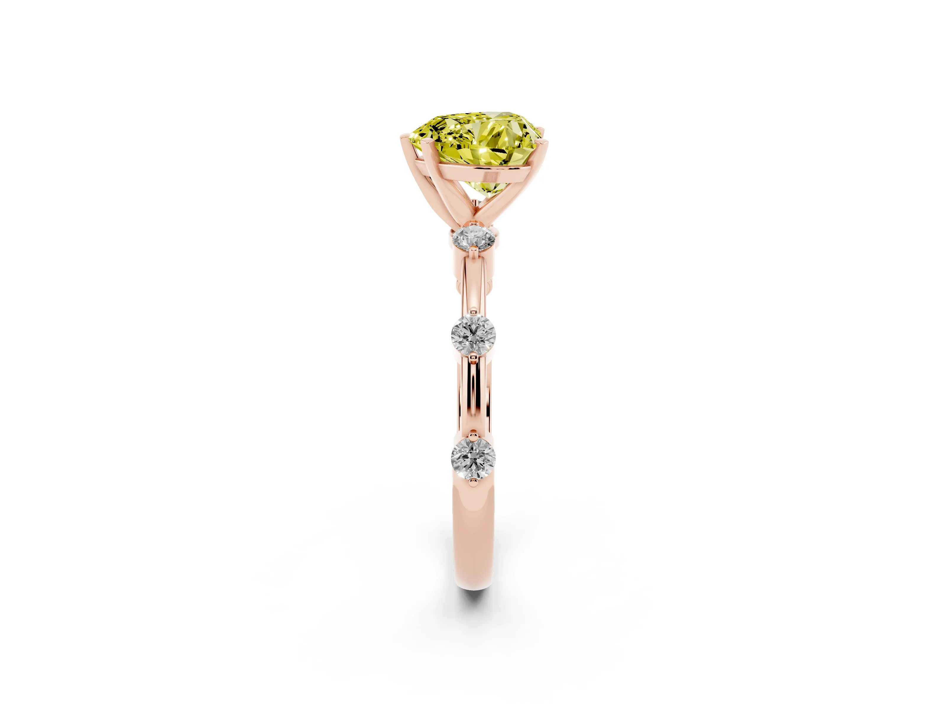 Fancy Yellow Heart Cut Diamond Solitaire Ring Set in Rose gold with Bezel Set Side Stones and Prong Setting