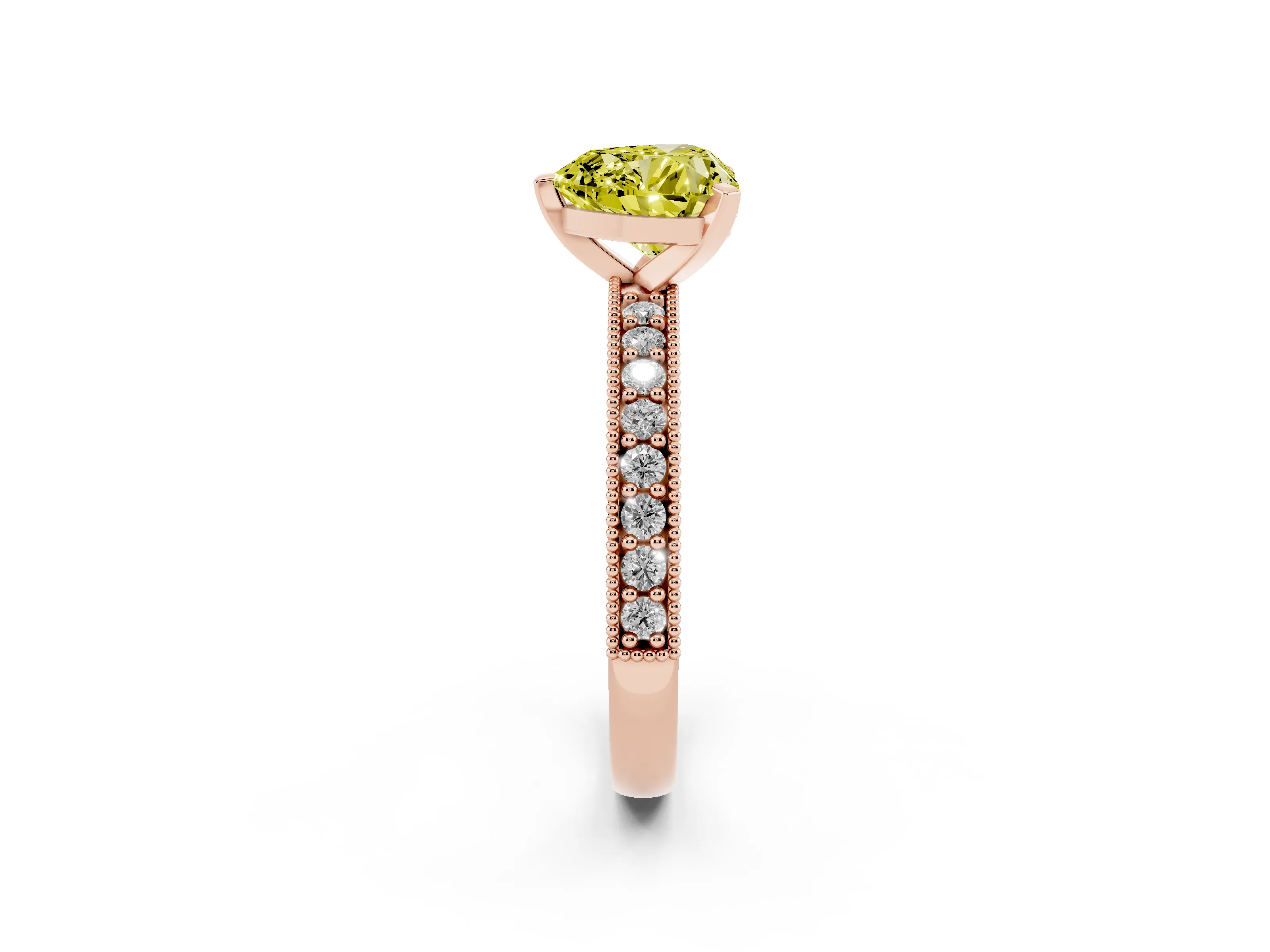Fancy Yellow Heart Cut Diamond Milgrain Pavé Engagement Ring Set in Rose gold with Prong Setting