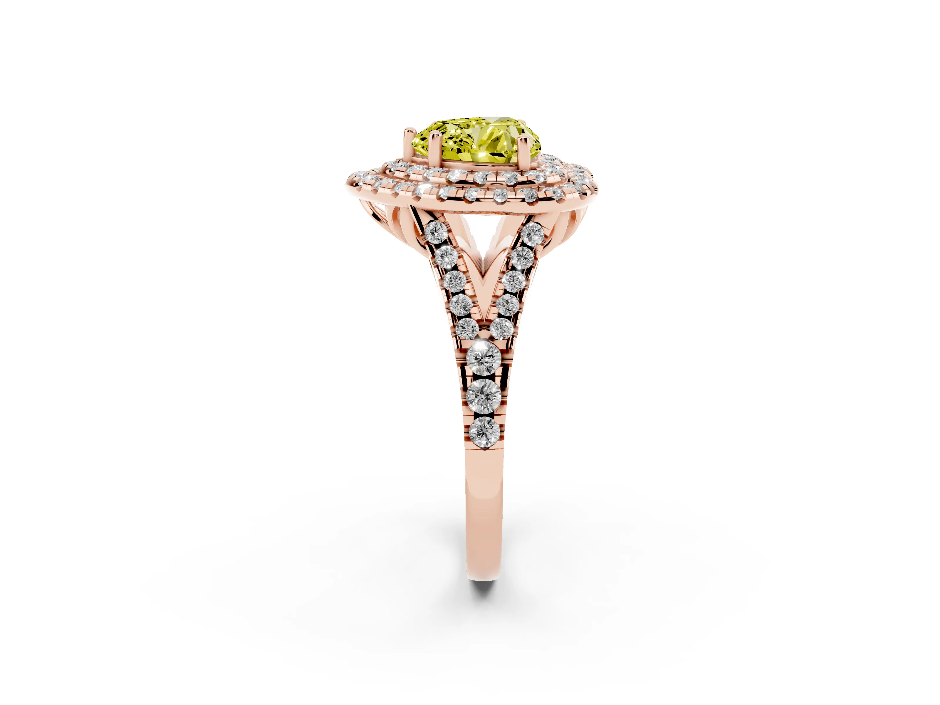 Fancy Yellow Heart Cut Diamond Double Halo Ring Set in Rose gold with Pavé Split Shank and Prong Setting