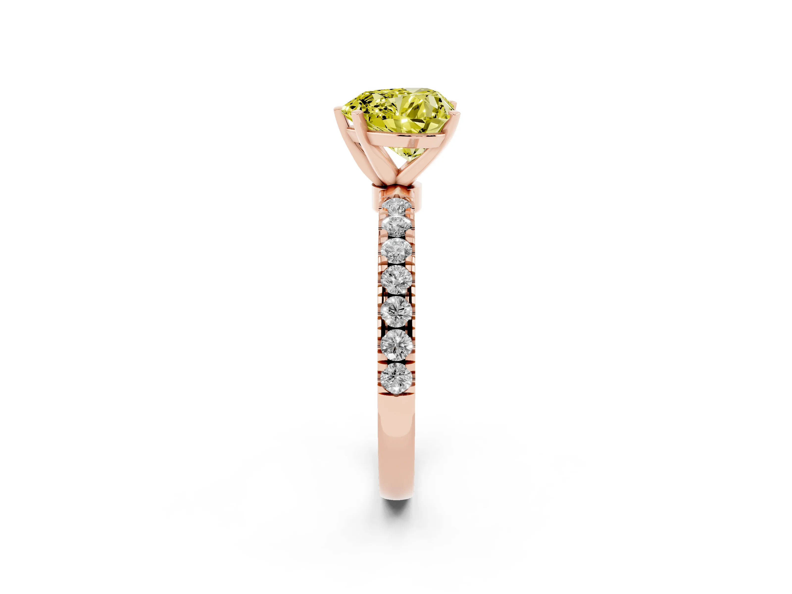 Fancy Yellow Heart Cut Diamond Solitaire Ring Set in Rose gold with Pavé Accents and Prong Setting