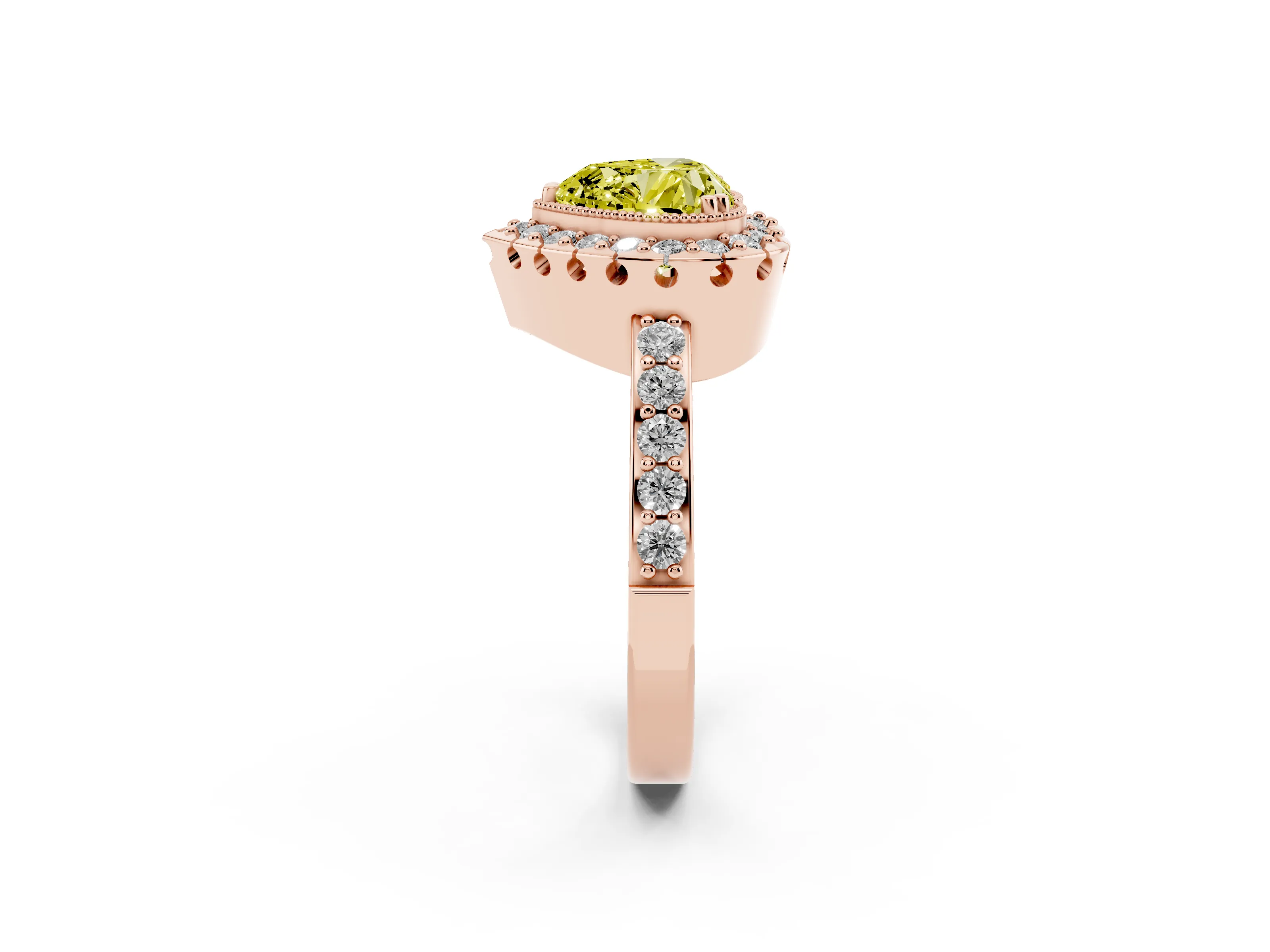 Fancy Yellow Heart Cut Diamond Halo Ring Set in Rose gold with Pavé Shank and Prong Setting